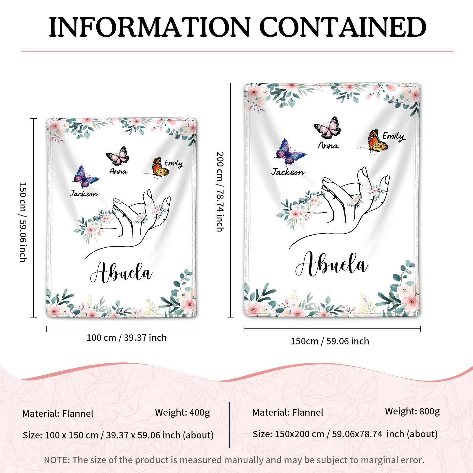 Coperta in flanella personalizzata con 2-6 nomi Regalo di Natale per la famiglia con elementi di Fiori e Farfalla | Jessmade