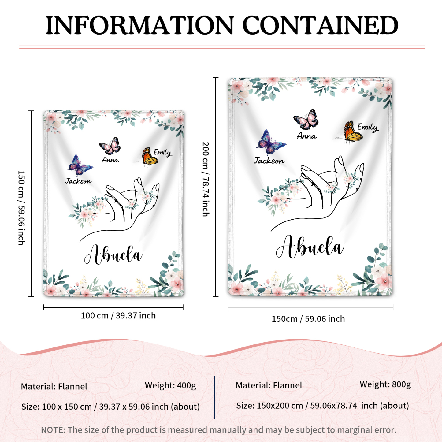 Coperta in flanella personalizzata con 2-6 nomi Regalo di Natale per la famiglia con elementi di Fiori e Farfalla | Jessmade