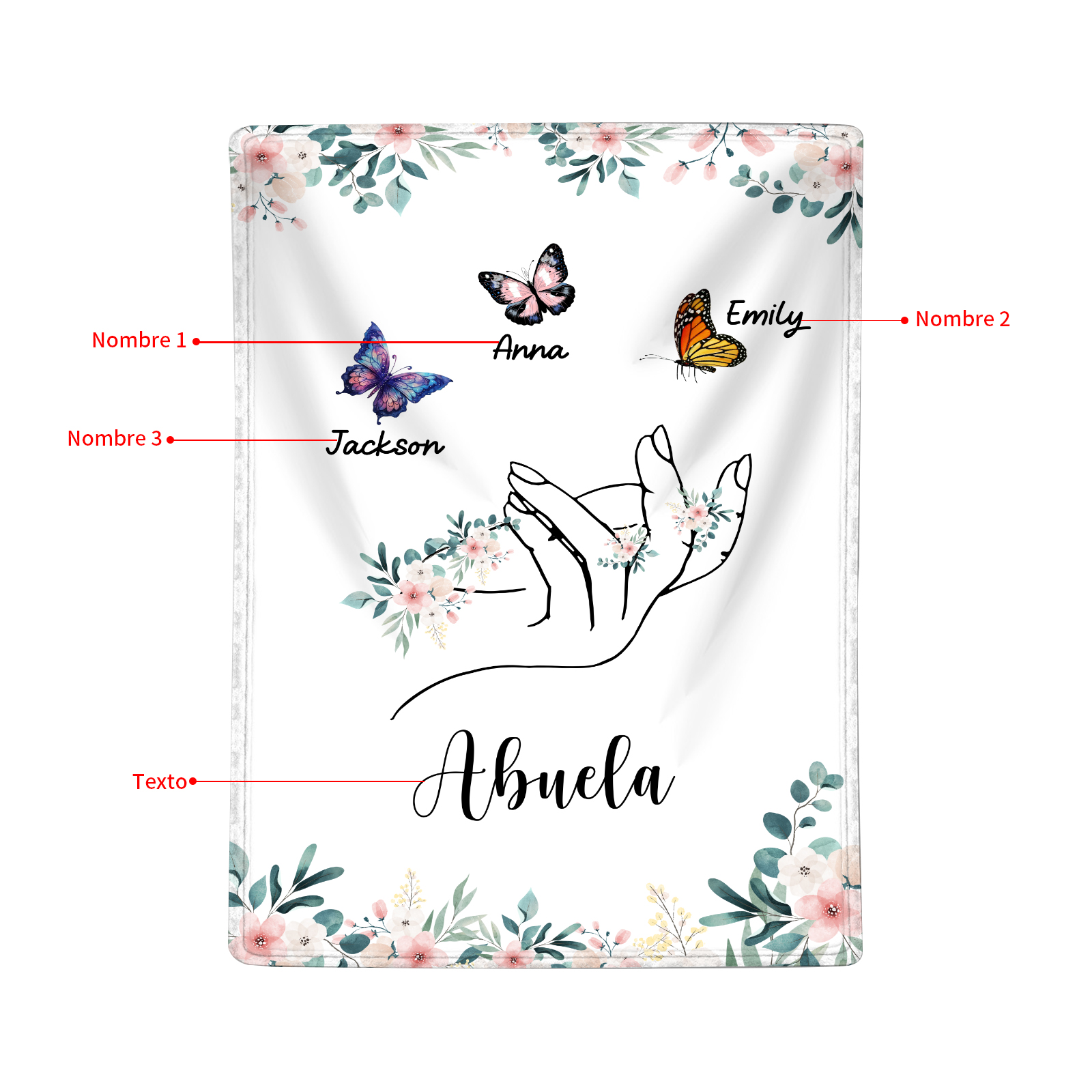 Coperta in flanella personalizzata con 2-6 nomi Regalo di Natale per la famiglia con elementi di Fiori e Farfalla | Jessmade