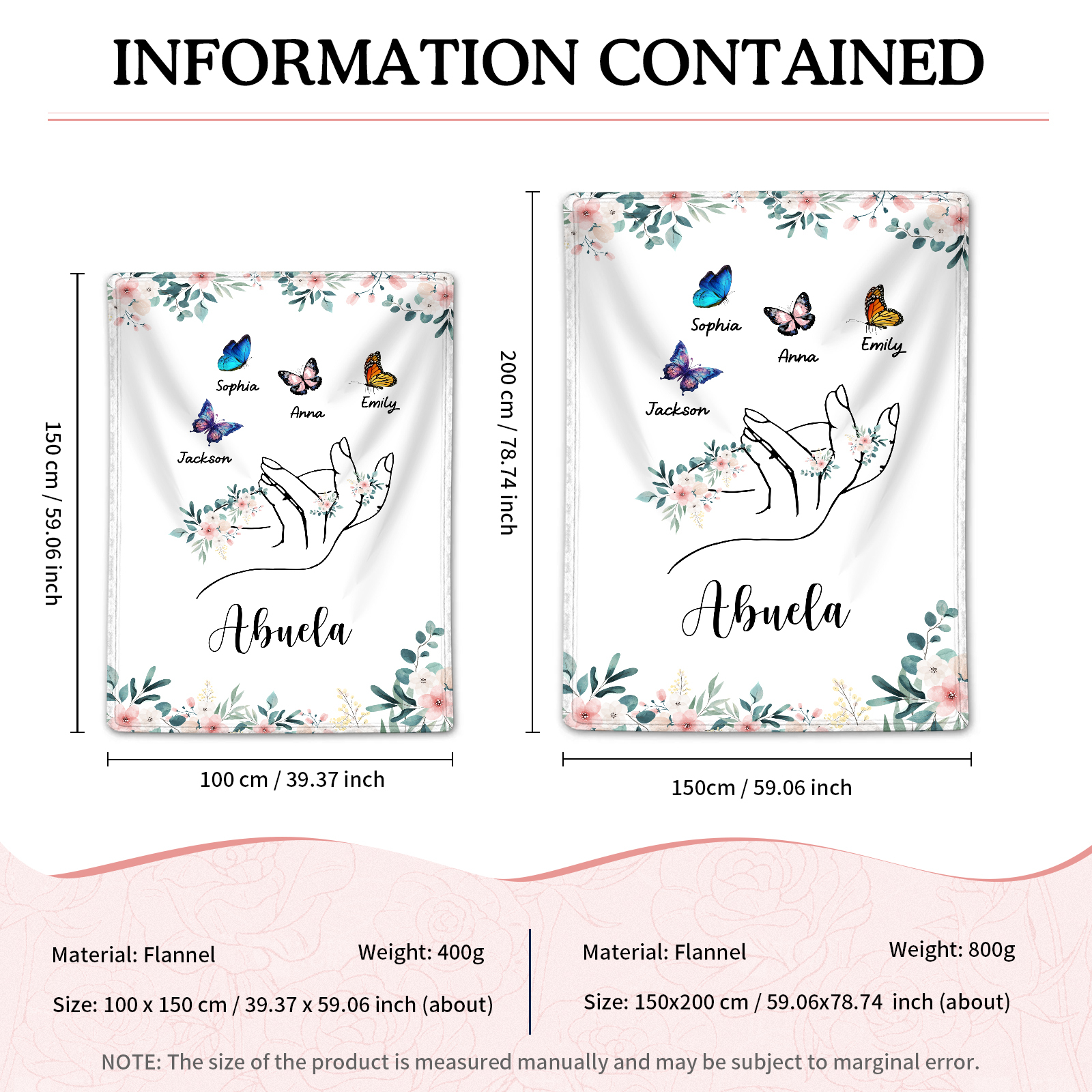 Coperta in flanella personalizzata con 2-6 nomi Regalo di Natale per la famiglia con elementi di Fiori e Farfalla | Jessmade