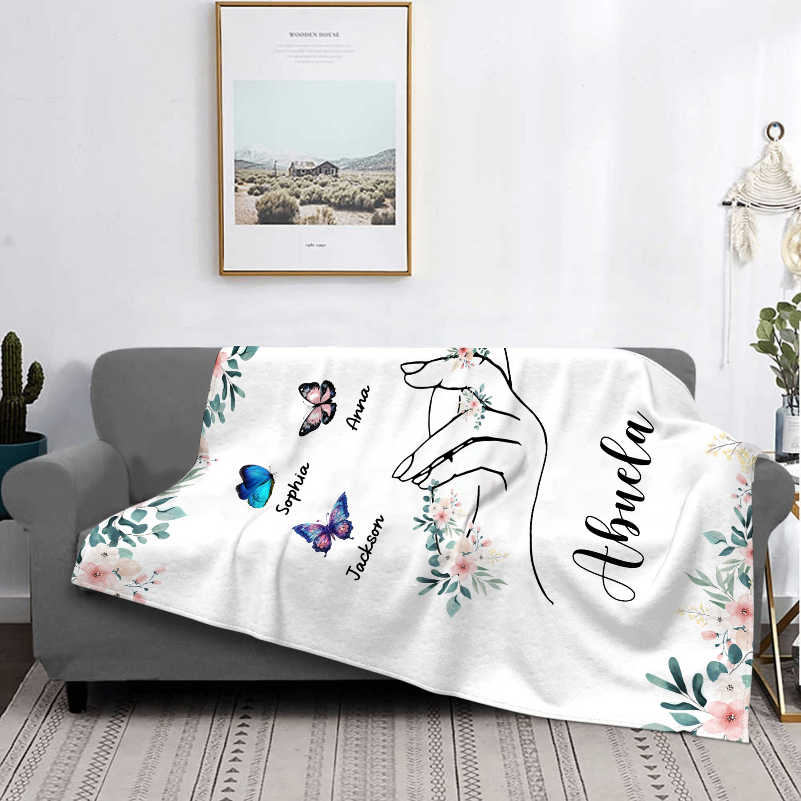 Coperta in flanella personalizzata con 2-6 nomi Regalo di Natale per la famiglia con elementi di Fiori e Farfalla | Jessmade