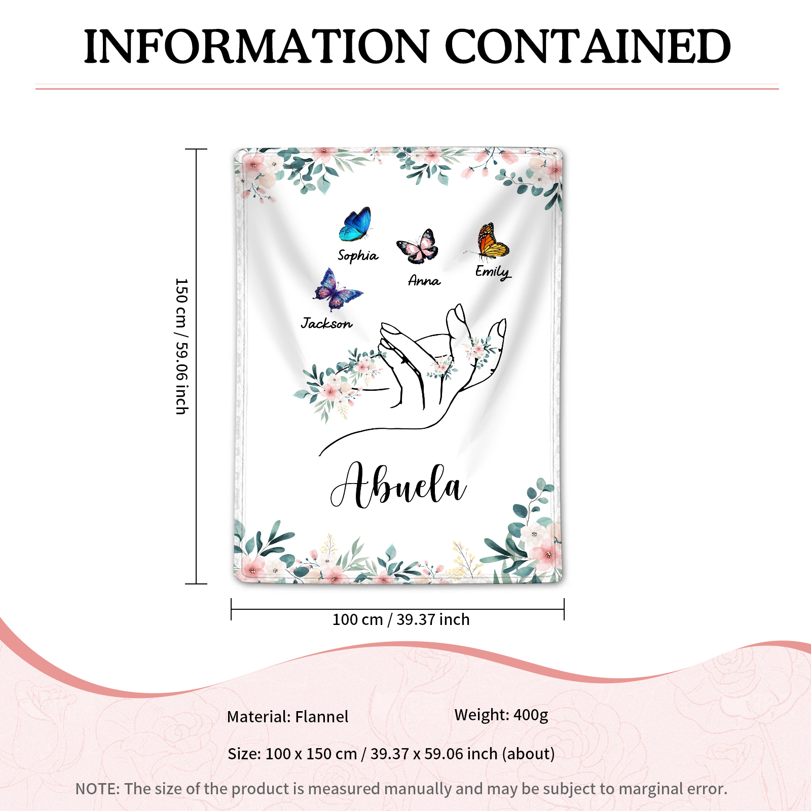 Coperta in flanella personalizzata con 2-6 nomi Regalo di Natale per la famiglia con elementi di Fiori e Farfalla | Jessmade