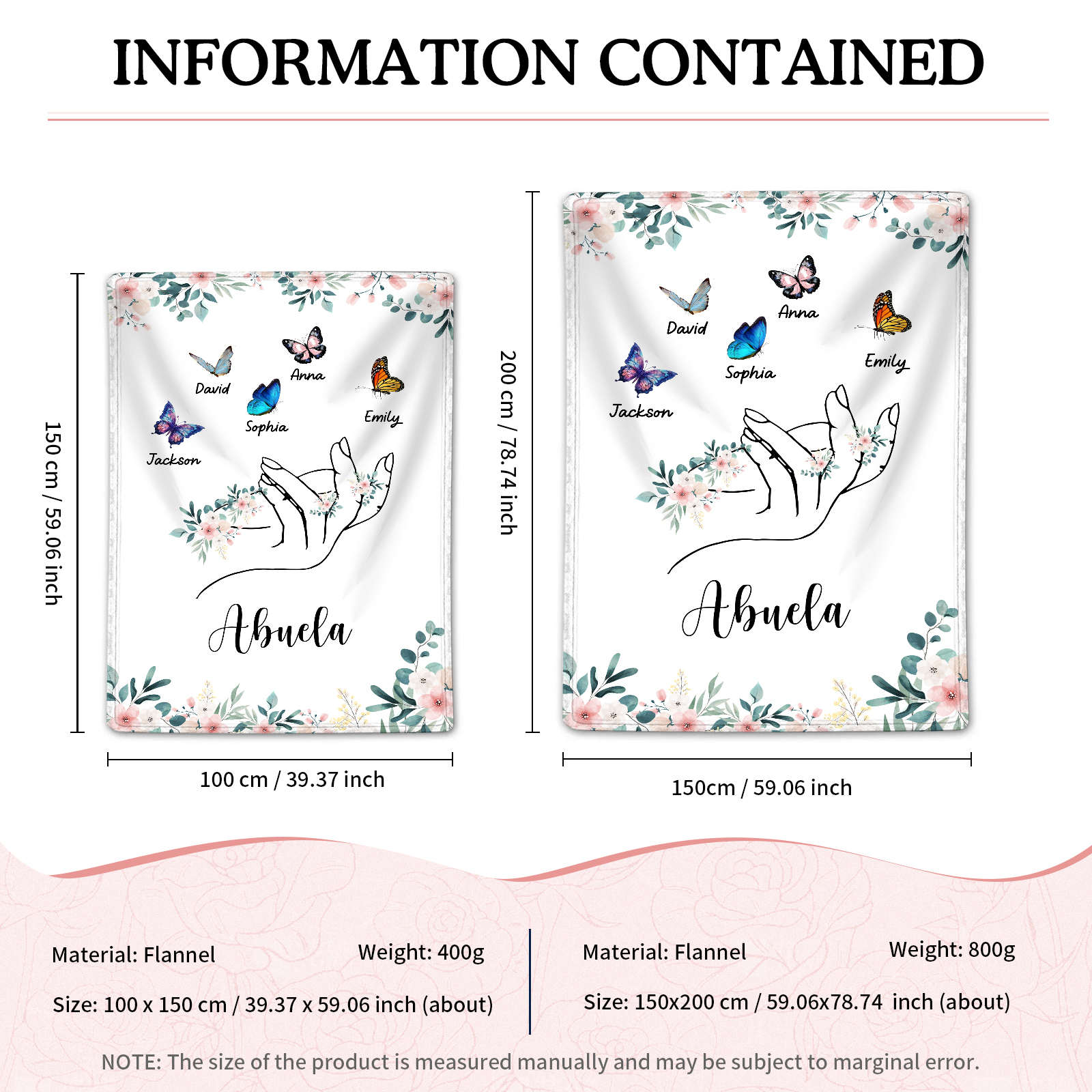 Coperta in flanella personalizzata con 2-6 nomi Regalo di Natale per la famiglia con elementi di Fiori e Farfalla | Jessmade