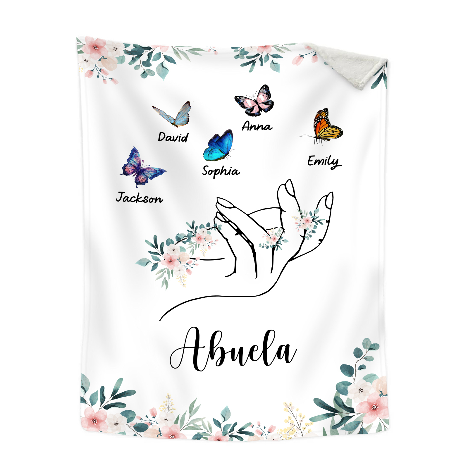 Coperta in flanella personalizzata con 2-6 nomi Regalo di Natale per la famiglia con elementi di Fiori e Farfalla | Jessmade
