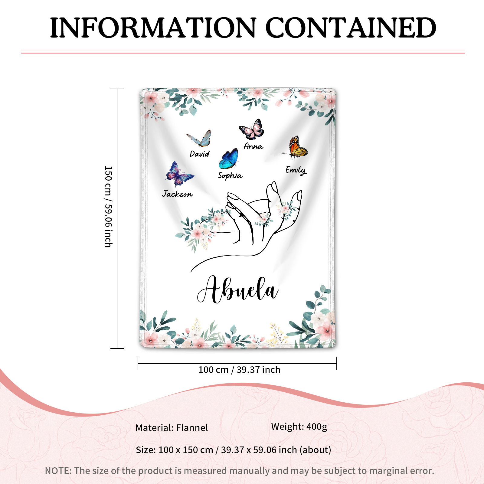 Coperta in flanella personalizzata con 2-6 nomi Regalo di Natale per la famiglia con elementi di Fiori e Farfalla | Jessmade