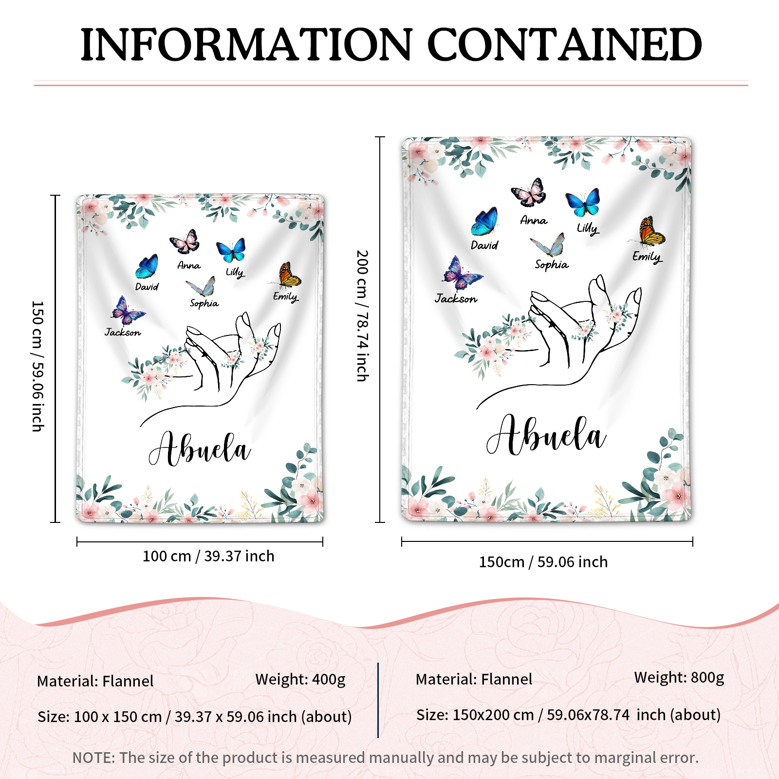 Coperta in flanella personalizzata con 2-6 nomi Regalo di Natale per la famiglia con elementi di Fiori e Farfalla | Jessmade