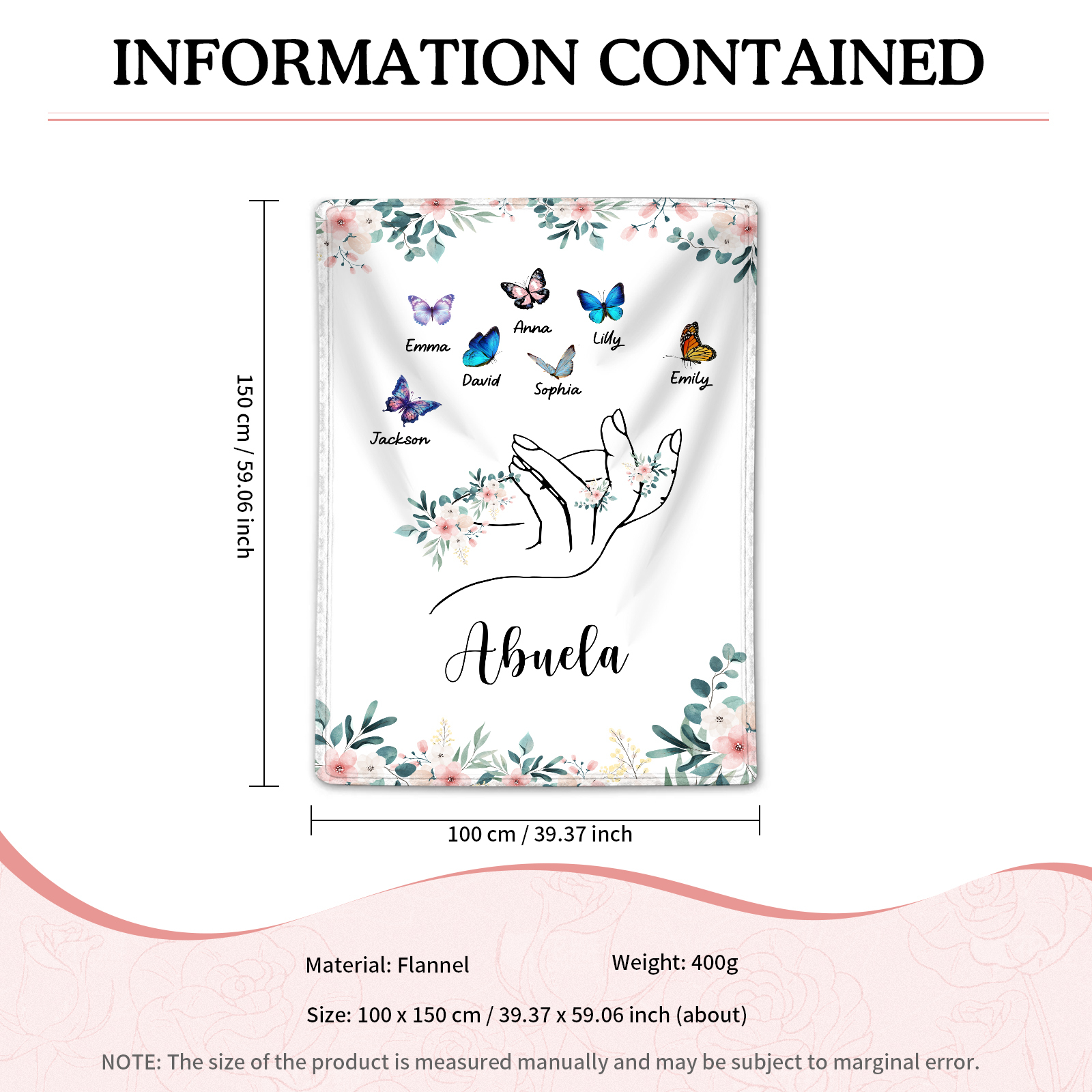 Coperta in flanella personalizzata con 2-6 nomi Regalo di Natale per la famiglia con elementi di Fiori e Farfalla | Jessmade