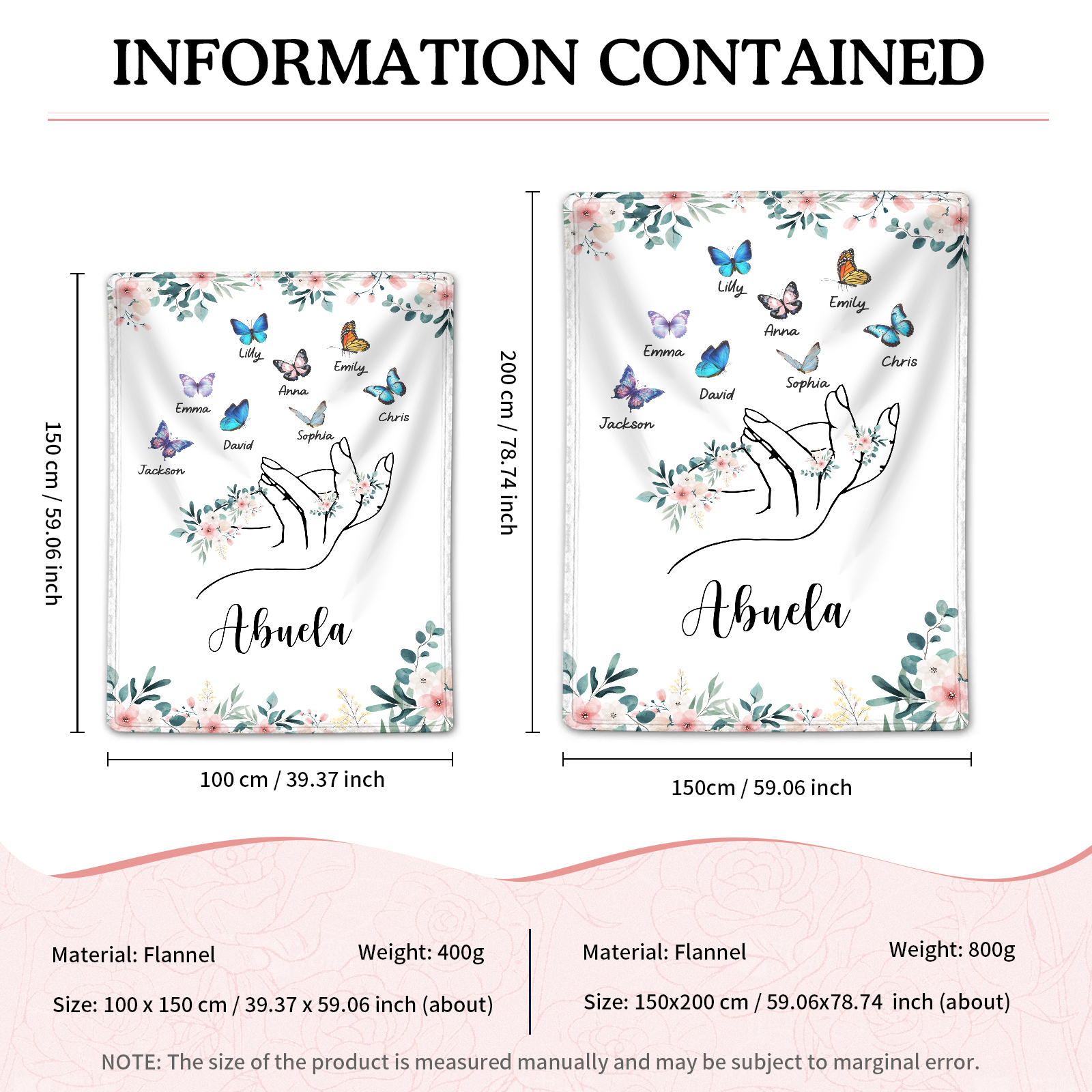 Coperta in flanella personalizzata con 2-6 nomi Regalo di Natale per la famiglia con elementi di Fiori e Farfalla | Jessmade