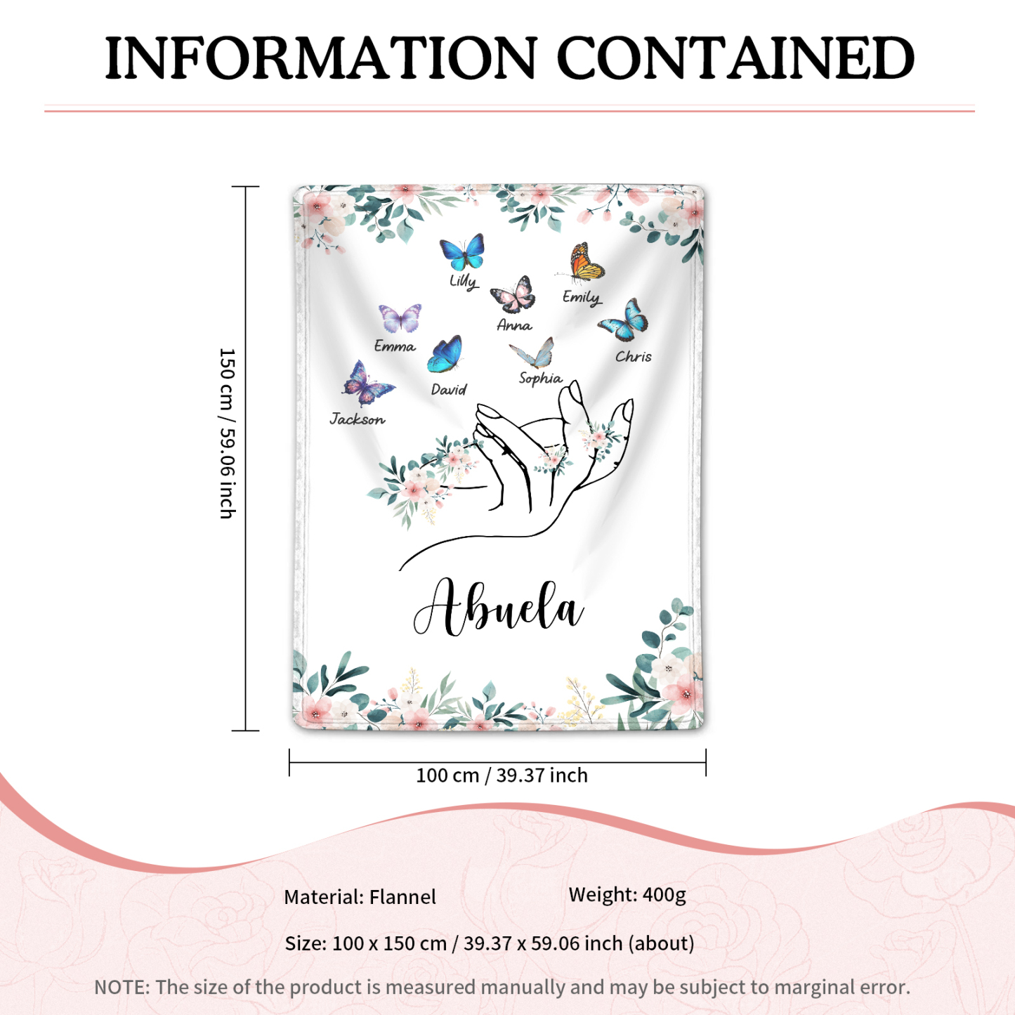 Coperta in flanella personalizzata con 2-6 nomi Regalo di Natale per la famiglia con elementi di Fiori e Farfalla | Jessmade