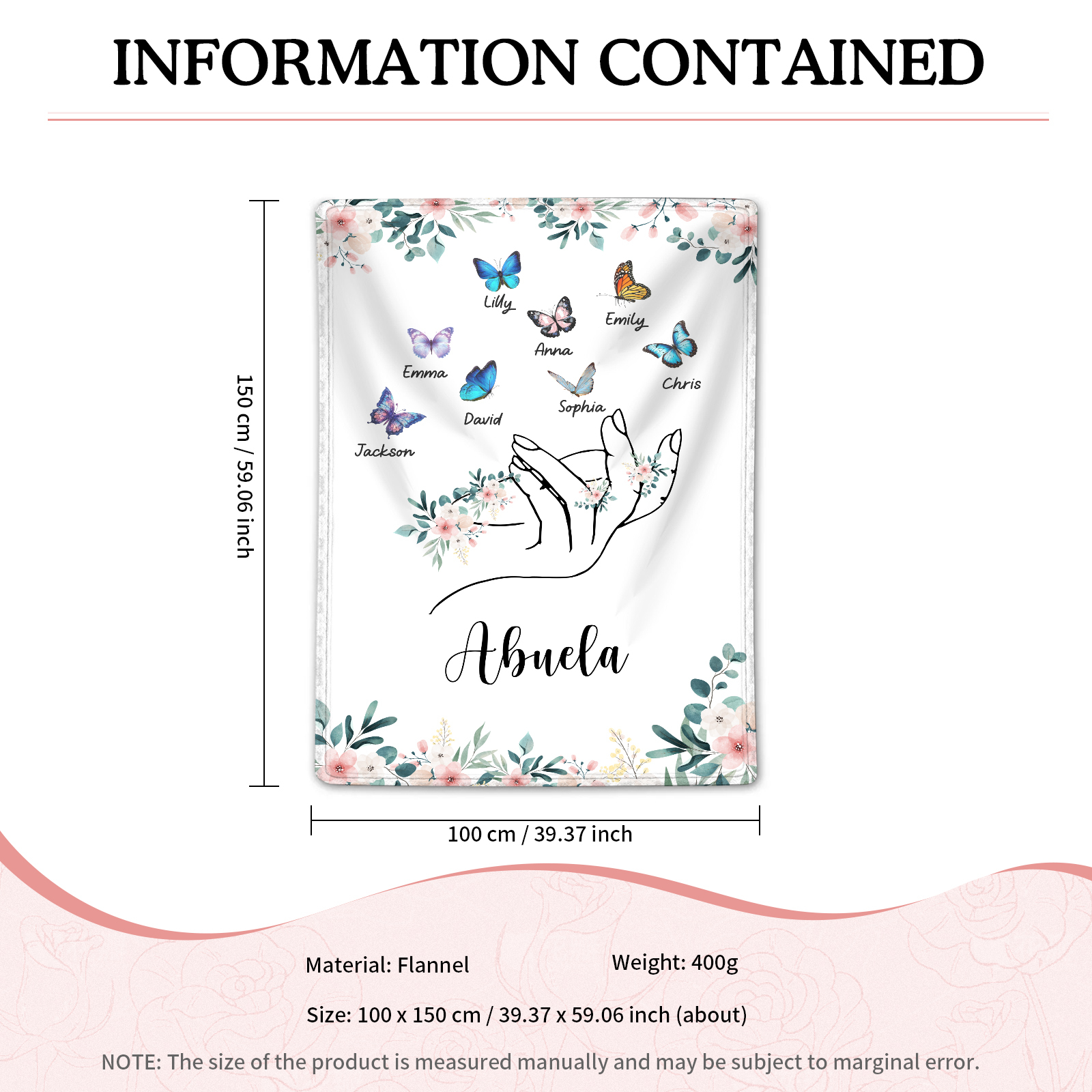 Coperta in flanella personalizzata con 2-6 nomi Regalo di Natale per la famiglia con elementi di Fiori e Farfalla | Jessmade