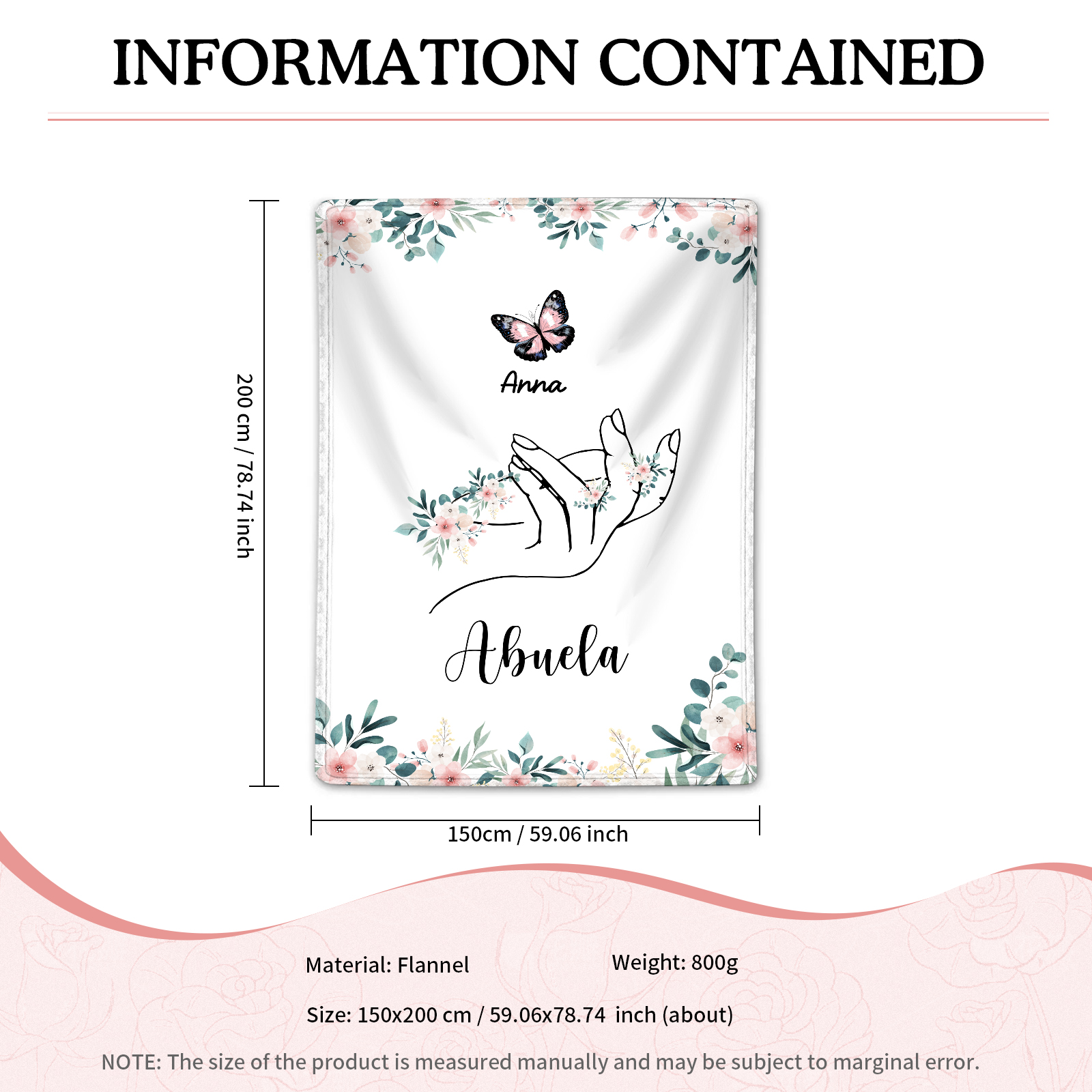 Coperta in flanella personalizzata con 2-6 nomi Regalo di Natale per la famiglia con elementi di Fiori e Farfalla | Jessmade