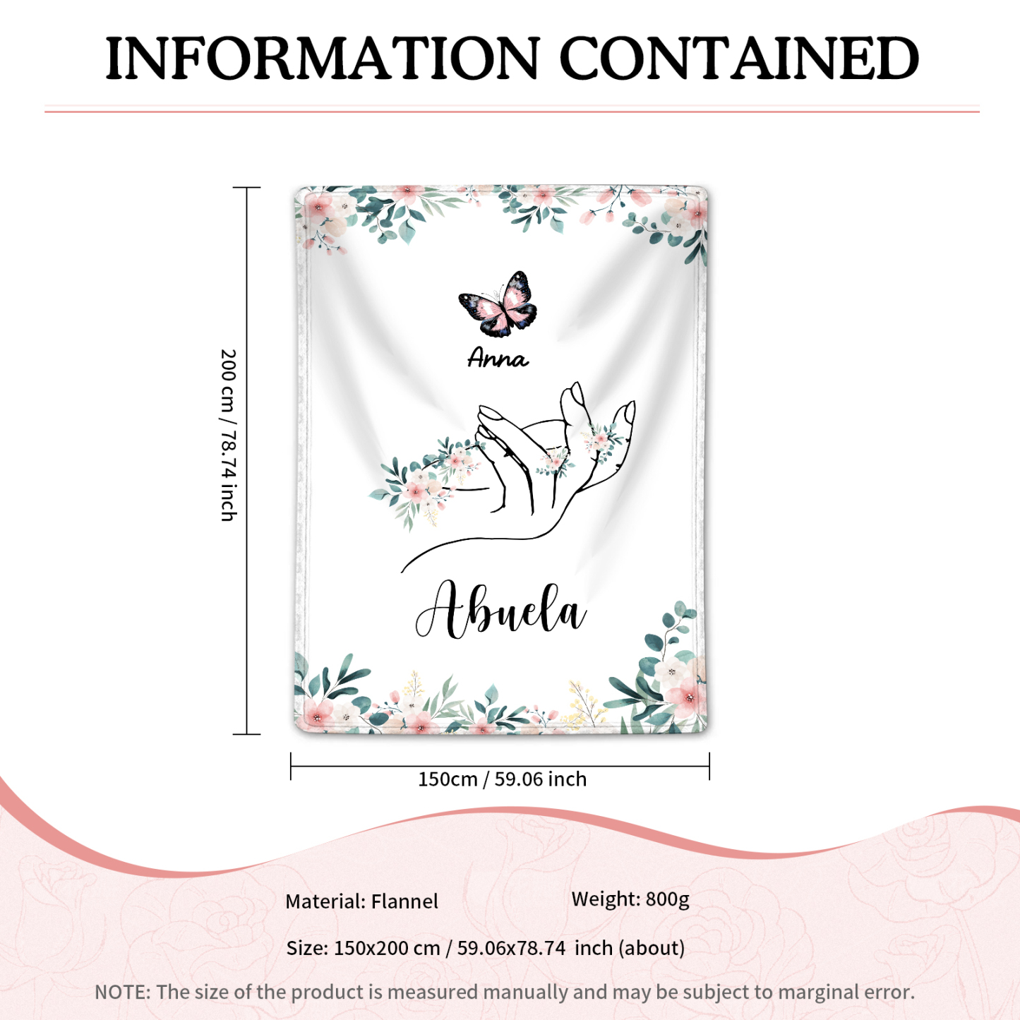 Coperta in flanella personalizzata con 2-6 nomi Regalo di Natale per la famiglia con elementi di Fiori e Farfalla | Jessmade