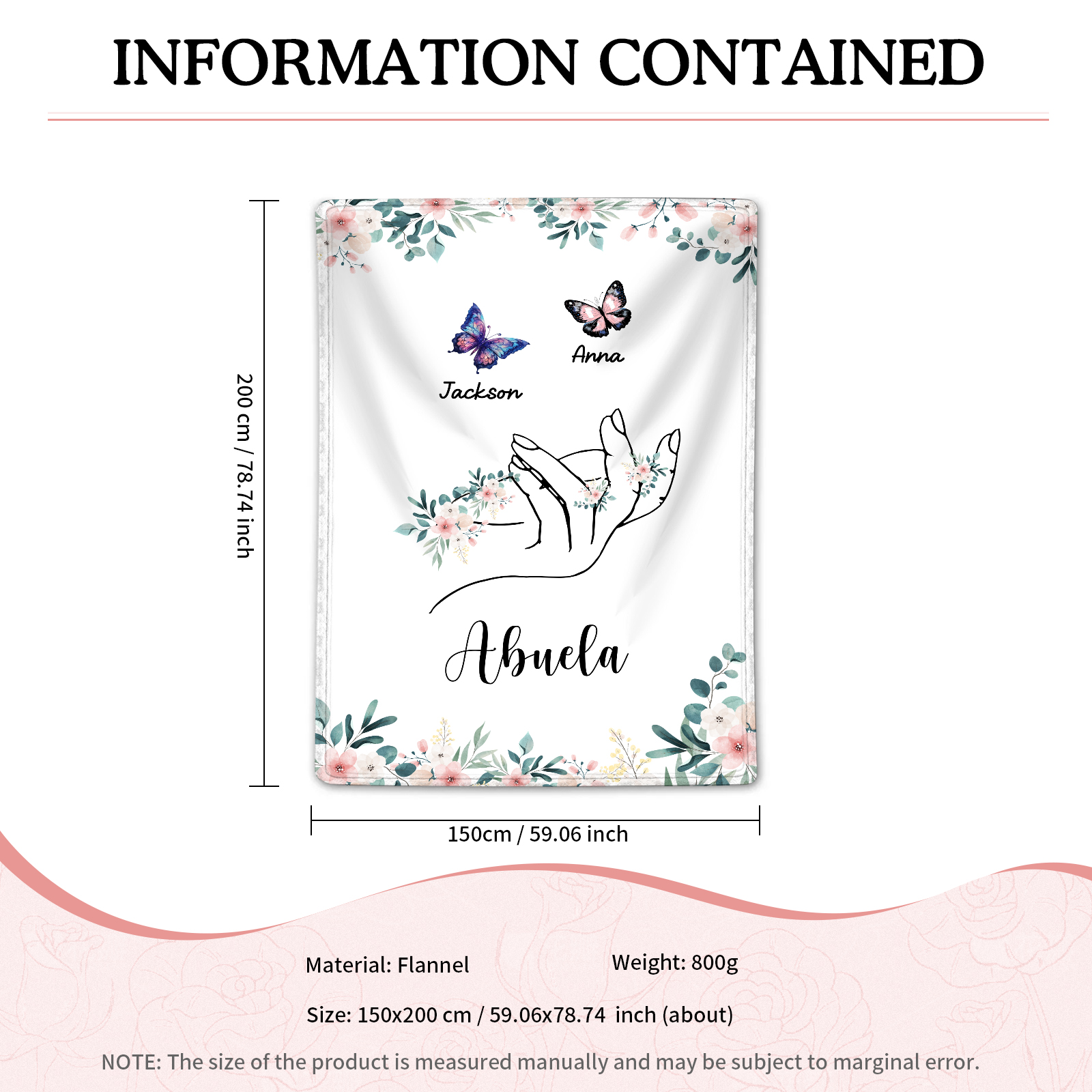 Coperta in flanella personalizzata con 2-6 nomi Regalo di Natale per la famiglia con elementi di Fiori e Farfalla | Jessmade