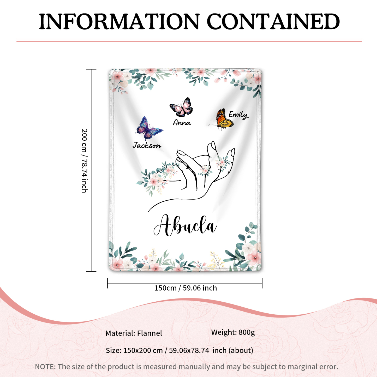 Coperta in flanella personalizzata con 2-6 nomi Regalo di Natale per la famiglia con elementi di Fiori e Farfalla | Jessmade