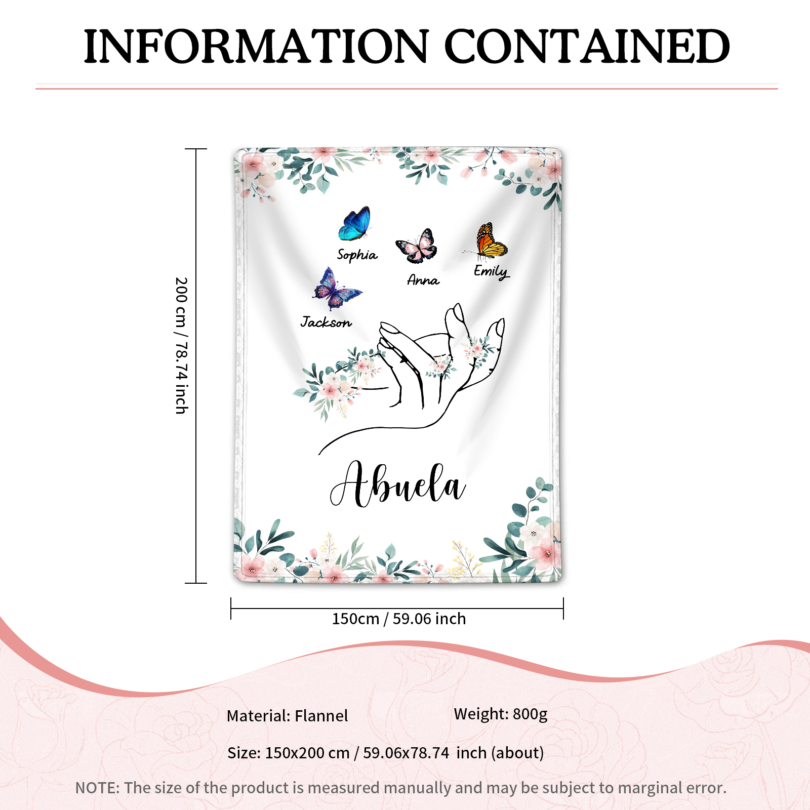 Coperta in flanella personalizzata con 2-6 nomi Regalo di Natale per la famiglia con elementi di Fiori e Farfalla | Jessmade