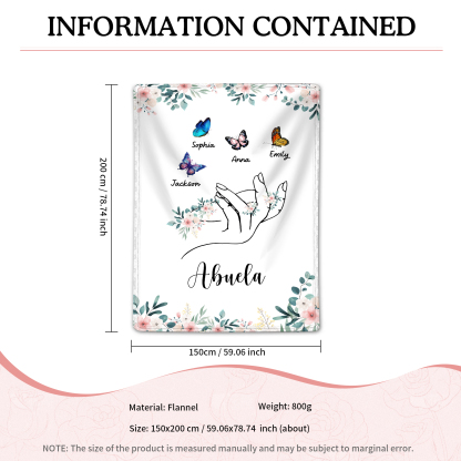 Coperta in flanella personalizzata con 2-6 nomi Regalo di Natale per la famiglia con elementi di Fiori e Farfalla | Jessmade