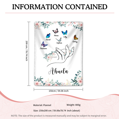 Coperta in flanella personalizzata con 2-6 nomi Regalo di Natale per la famiglia con elementi di Fiori e Farfalla | Jessmade