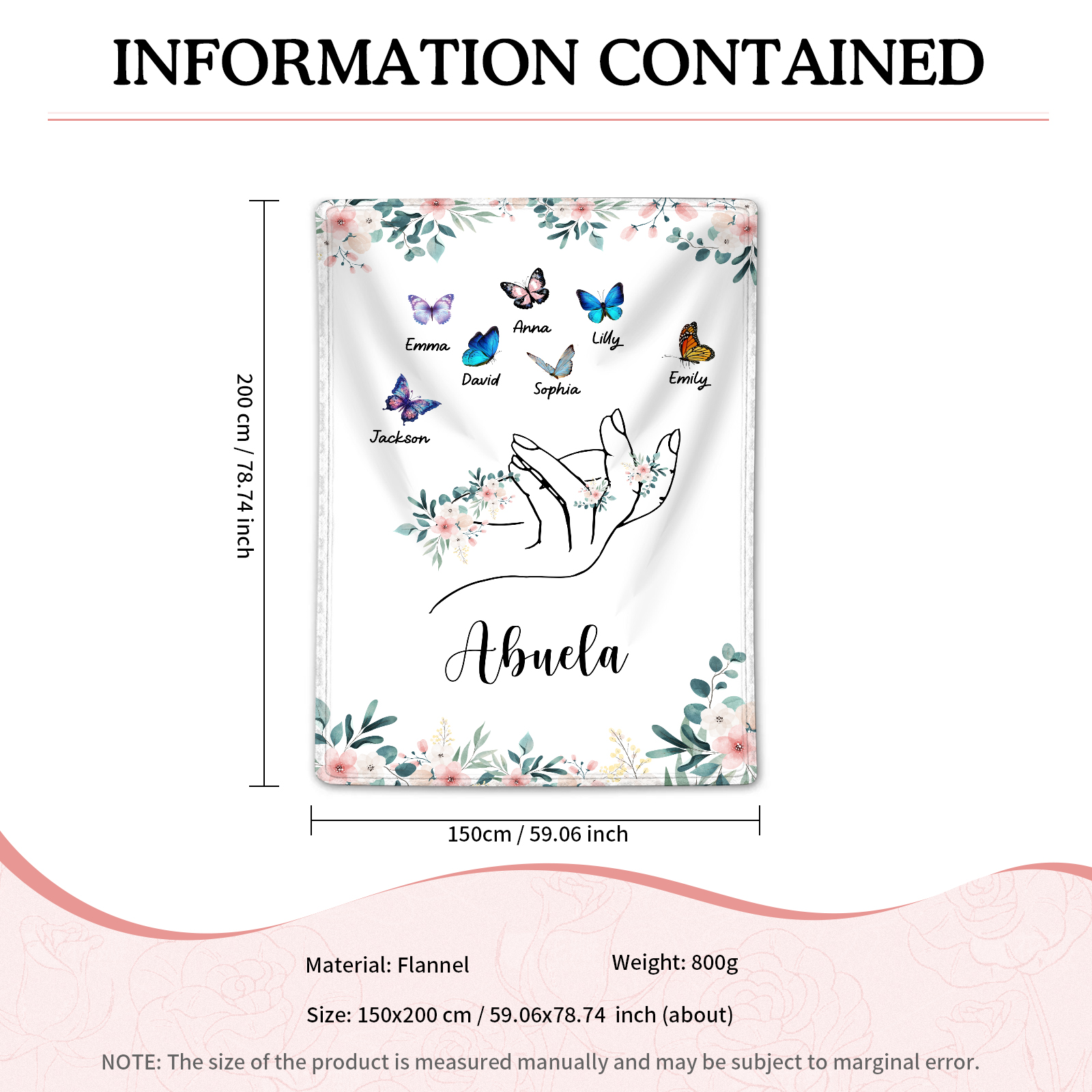 Coperta in flanella personalizzata con 2-6 nomi Regalo di Natale per la famiglia con elementi di Fiori e Farfalla | Jessmade