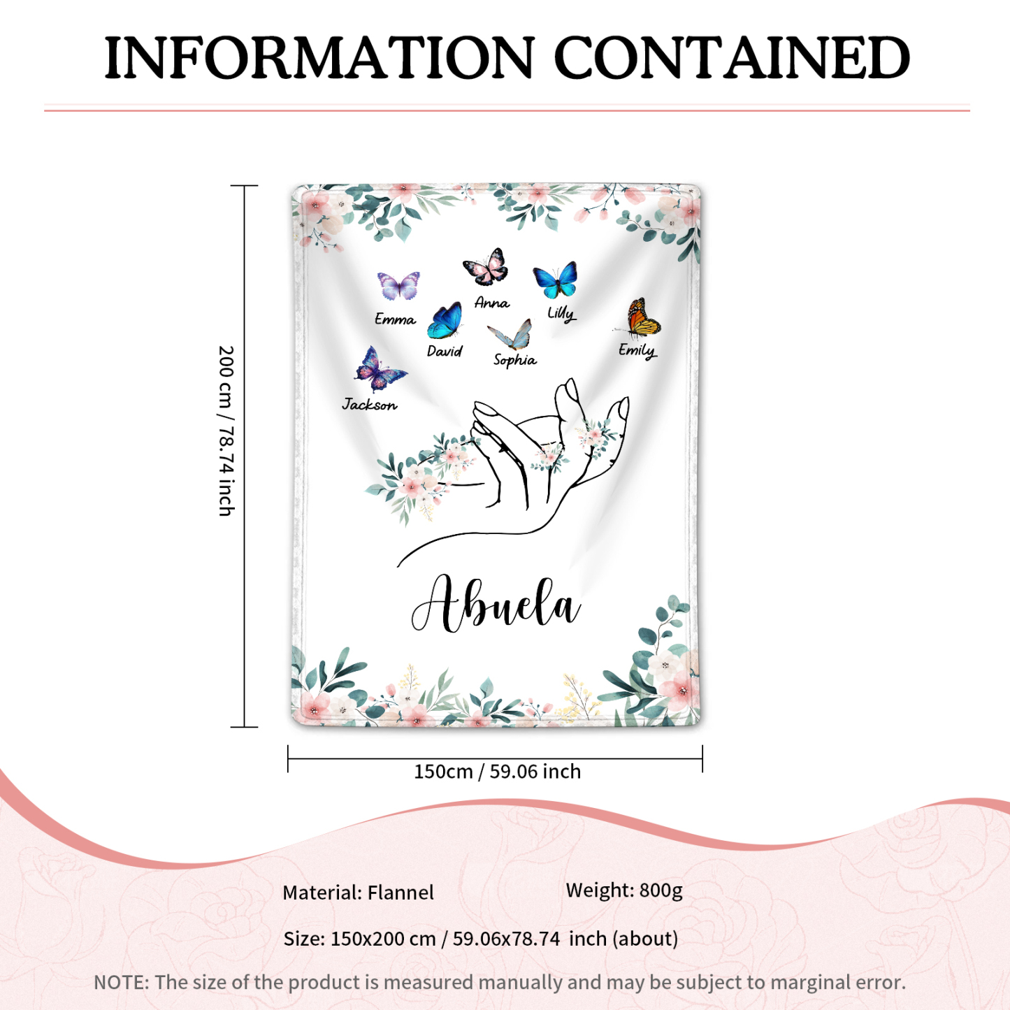 Coperta in flanella personalizzata con 2-6 nomi Regalo di Natale per la famiglia con elementi di Fiori e Farfalla | Jessmade