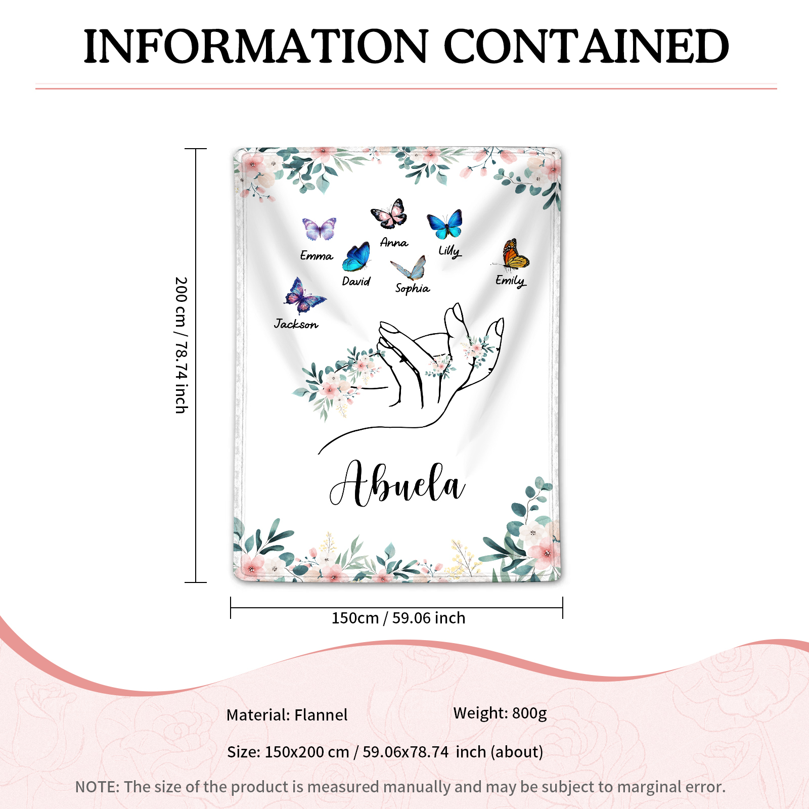 Coperta in flanella personalizzata con 2-6 nomi Regalo di Natale per la famiglia con elementi di Fiori e Farfalla | Jessmade