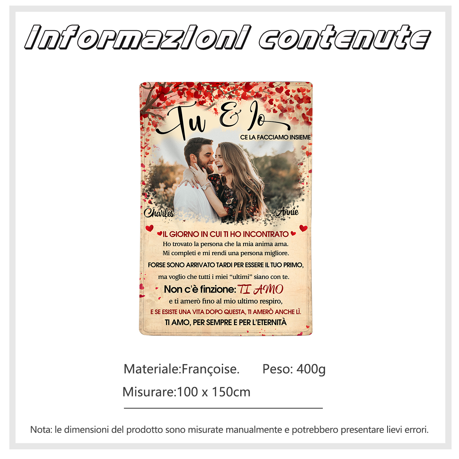 Coperta Personalizzata in Flanella Morbida con Foto, 2 Nomi - "Ti Amo, Per Sempre e Per l'Eternità" - Design "Cuori e Fiori Rossi" - Regalo di San Valentino per Lei/Lui | Jessemade