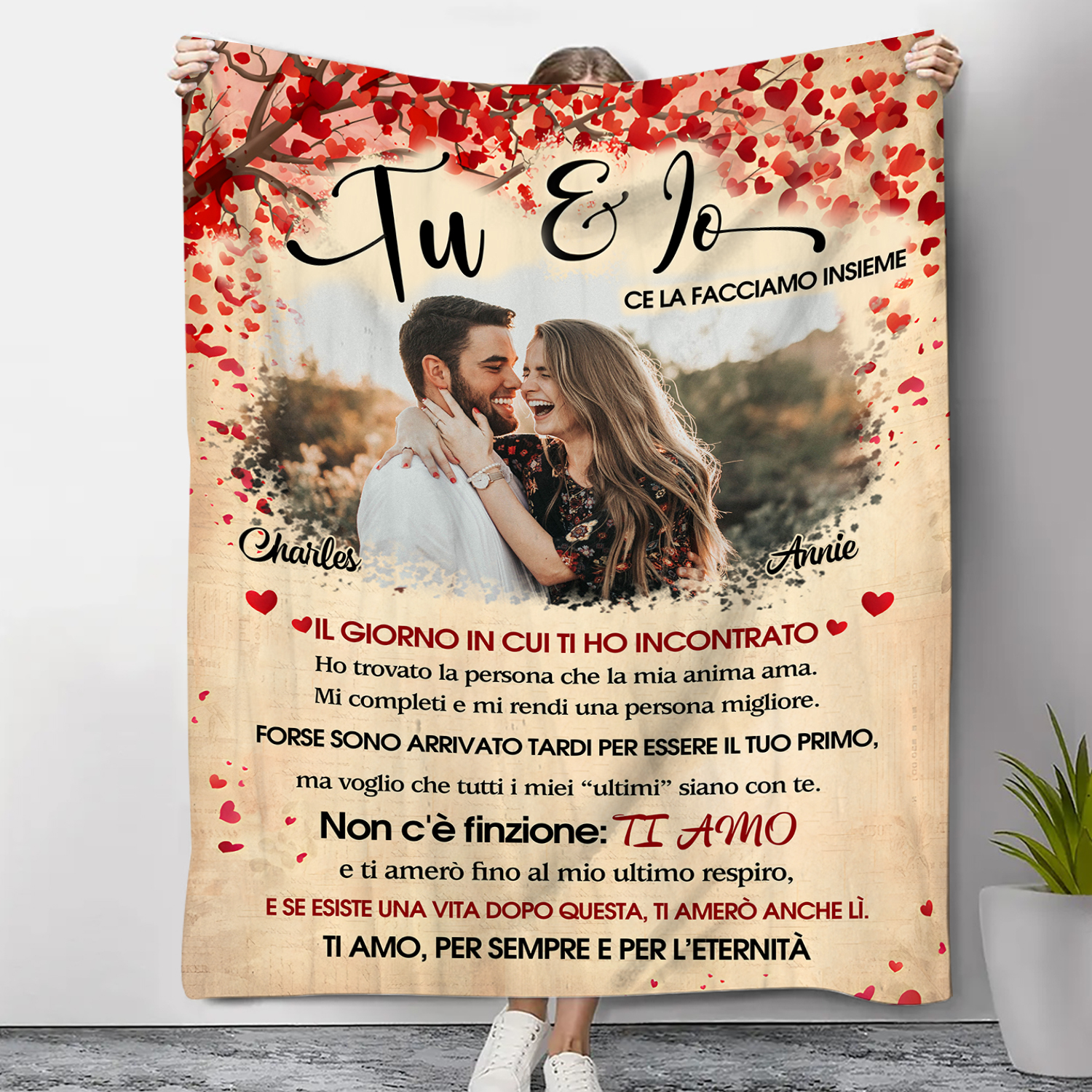 Coperta Personalizzata in Flanella Morbida con Foto, 2 Nomi - "Ti Amo, Per Sempre e Per l'Eternità" - Design "Cuori e Fiori Rossi" - Regalo di San Valentino per Lei/Lui | Jessemade