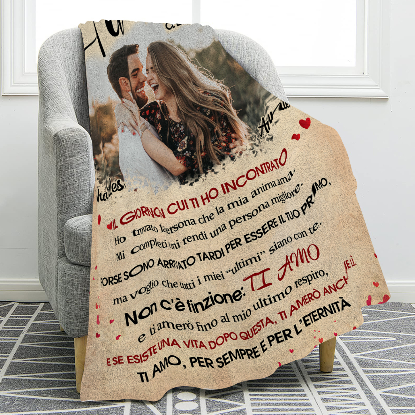 Coperta Personalizzata in Flanella Morbida con Foto, 2 Nomi - "Ti Amo, Per Sempre e Per l'Eternità" - Design "Cuori e Fiori Rossi" - Regalo di San Valentino per Lei/Lui | Jessemade
