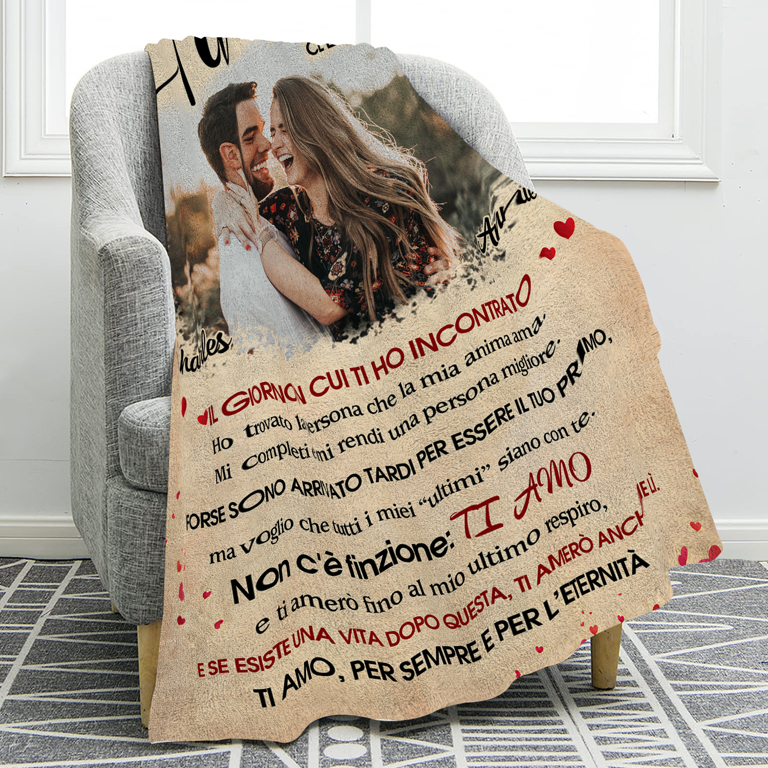 Coperta Personalizzata in Flanella Morbida con Foto, 2 Nomi - "Ti Amo, Per Sempre e Per l'Eternità" - Design "Cuori e Fiori Rossi" - Regalo di San Valentino per Lei/Lui | Jessemade