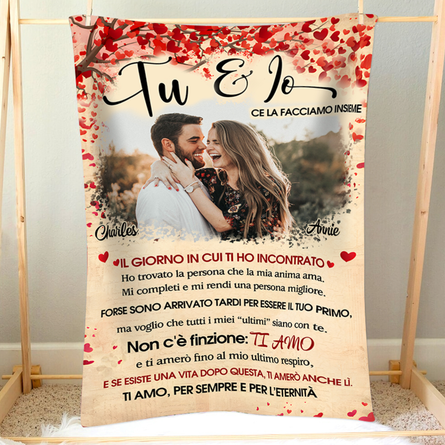 Coperta Personalizzata in Flanella Morbida con Foto, 2 Nomi - "Ti Amo,