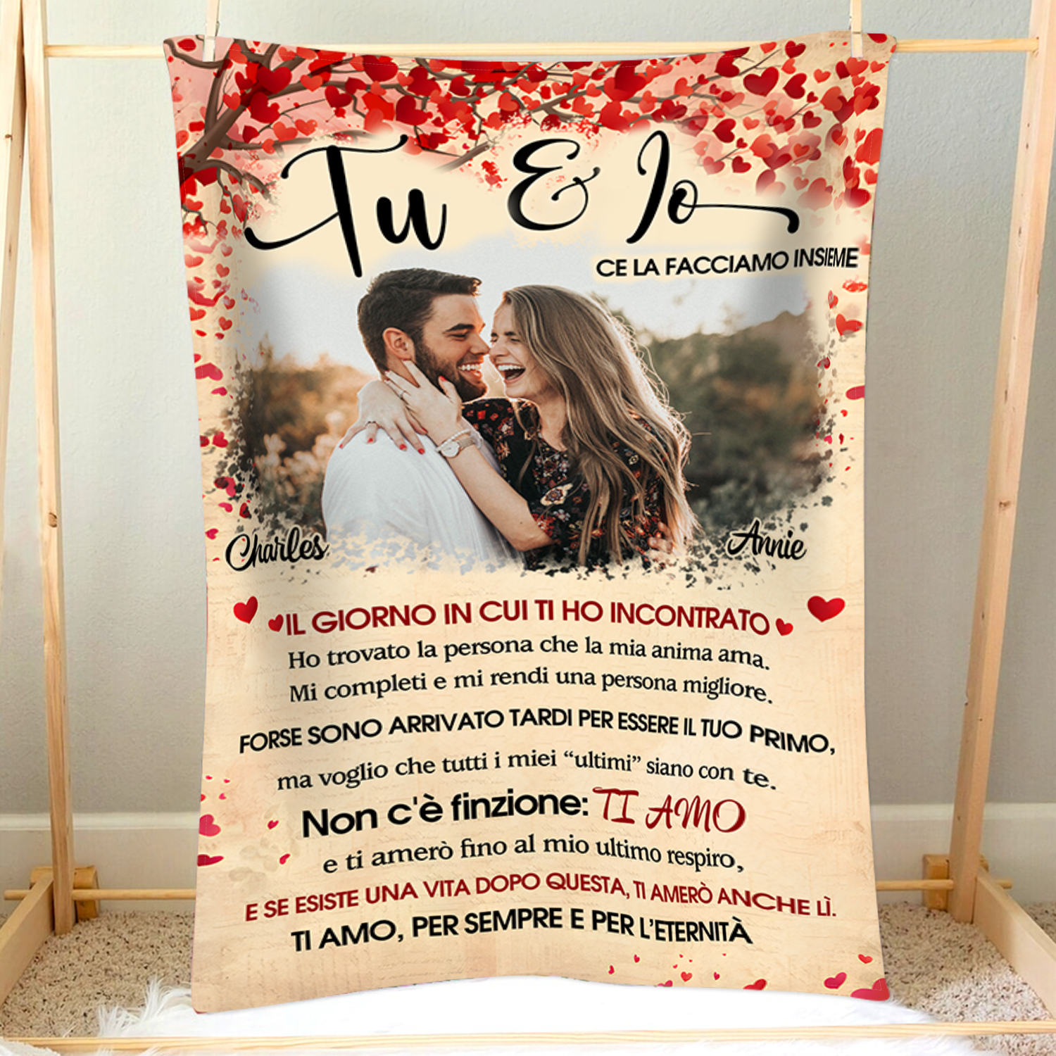 Coperta Personalizzata in Flanella Morbida con Foto, 2 Nomi - "Ti Amo,