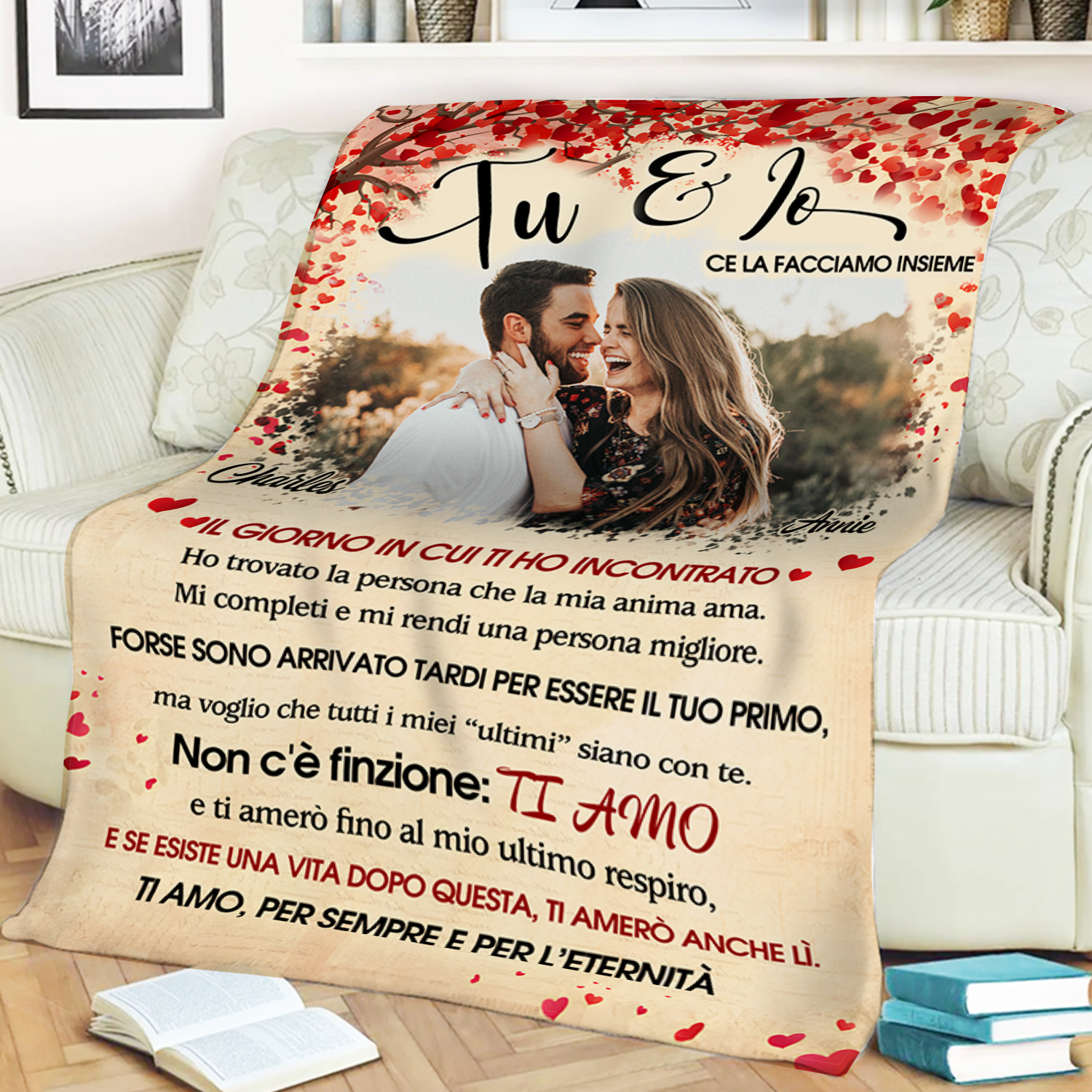 Coperta Personalizzata in Flanella Morbida con Foto, 2 Nomi - "Ti Amo, Per Sempre e Per l'Eternità" - Design "Cuori e Fiori Rossi" - Regalo di San Valentino per Lei/Lui | Jessemade
