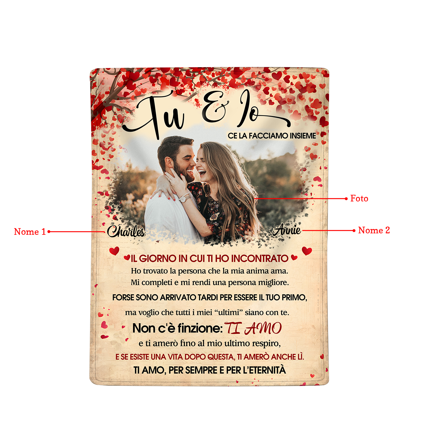 Coperta Personalizzata in Flanella Morbida con Foto, 2 Nomi - "Ti Amo, Per Sempre e Per l'Eternità" - Design "Cuori e Fiori Rossi" - Regalo di San Valentino per Lei/Lui | Jessemade