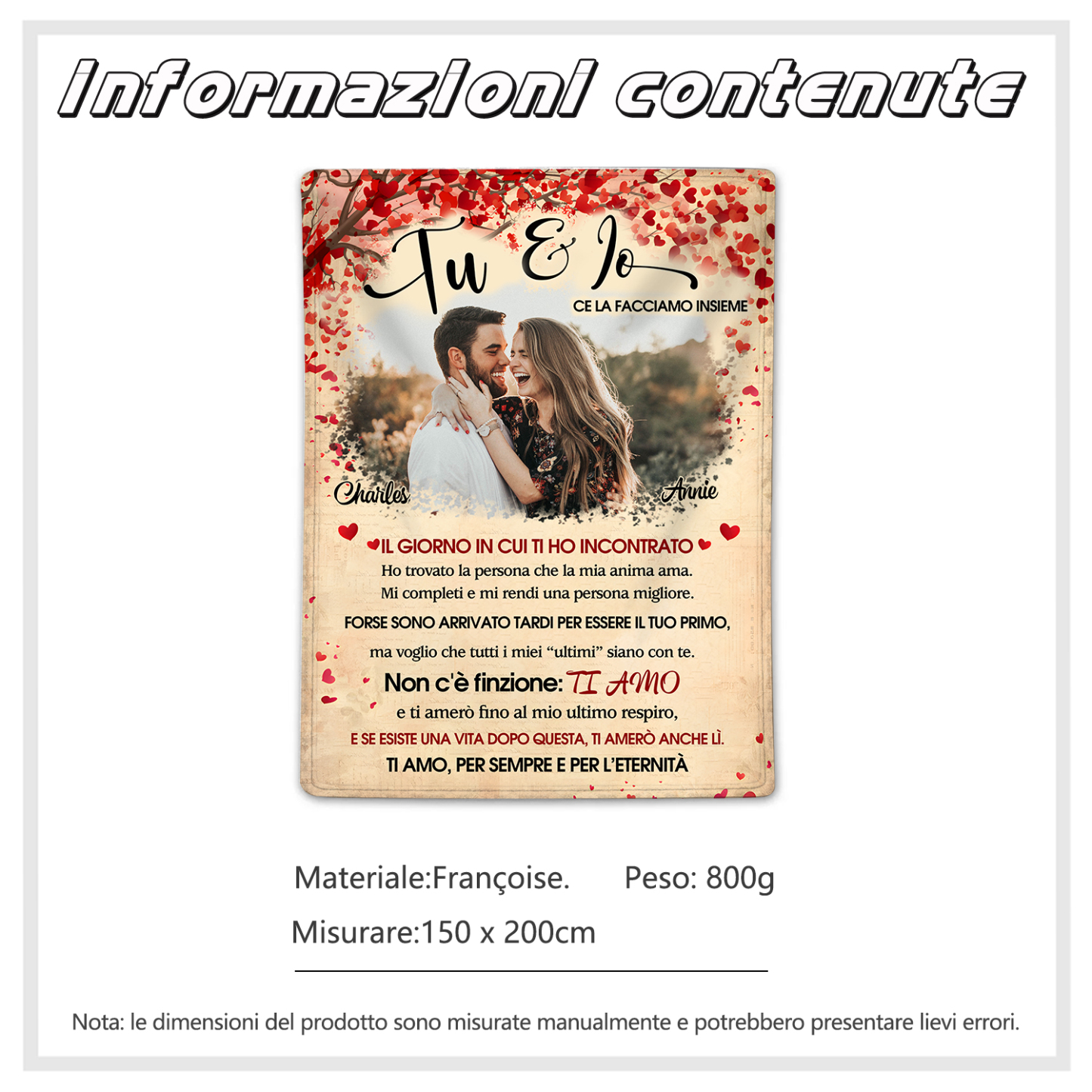 Coperta Personalizzata in Flanella Morbida con Foto, 2 Nomi - "Ti Amo, Per Sempre e Per l'Eternità" - Design "Cuori e Fiori Rossi" - Regalo di San Valentino per Lei/Lui | Jessemade