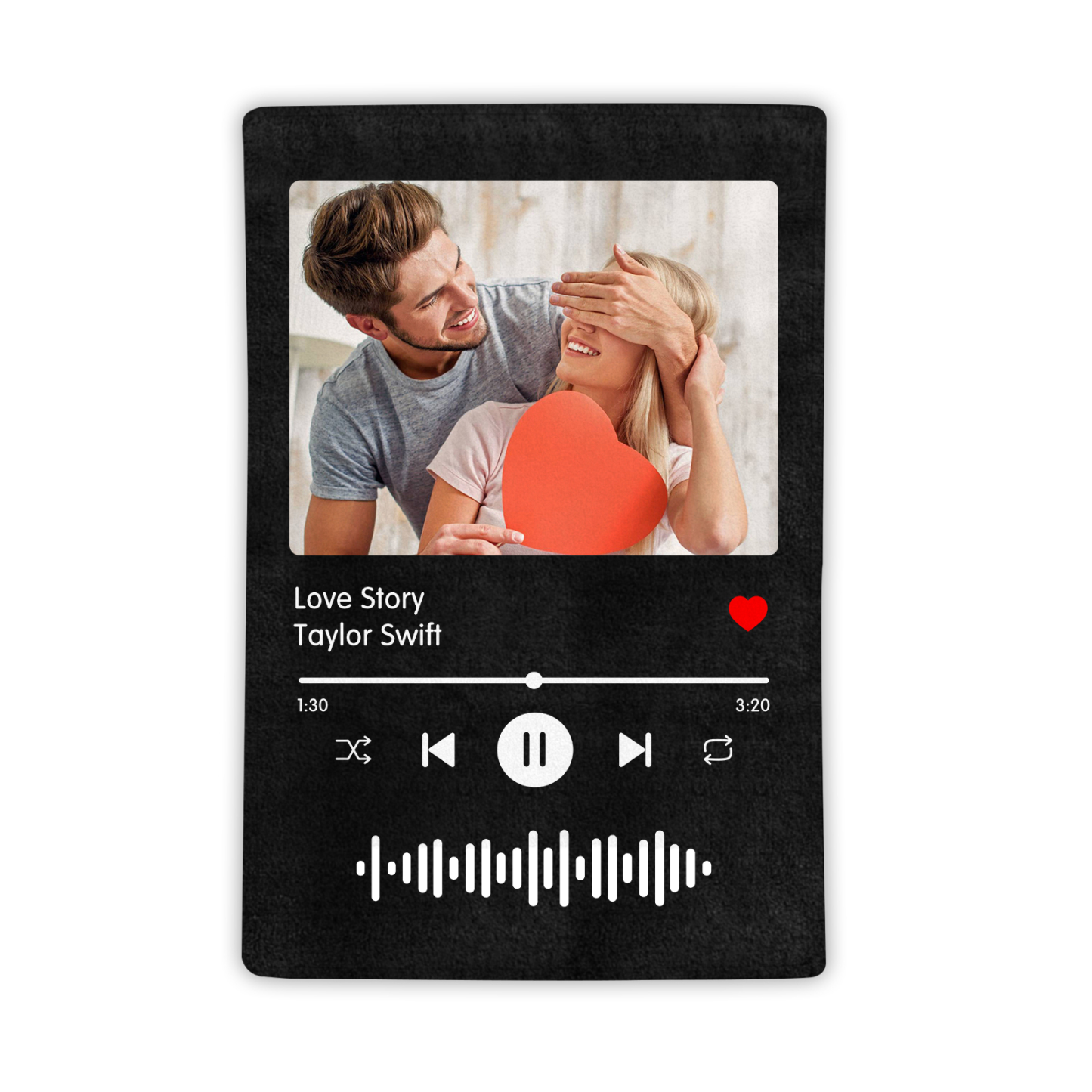 Coperta Personalizzata in Flanella Morbida con 1 Foto, 2 Testi e Codice Spotify - Design "Riproduttore Musicale" - Regalo di San Valentino per Lei/Lui | Jessemade
