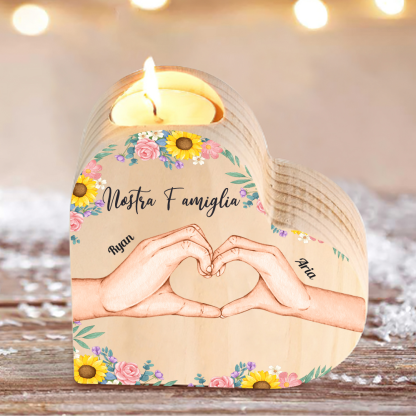 Nostra famiglia-Candeliere a forma di cuore mano e mano nel cuore 2 nomi e 1 testo personalizzati per famiglia