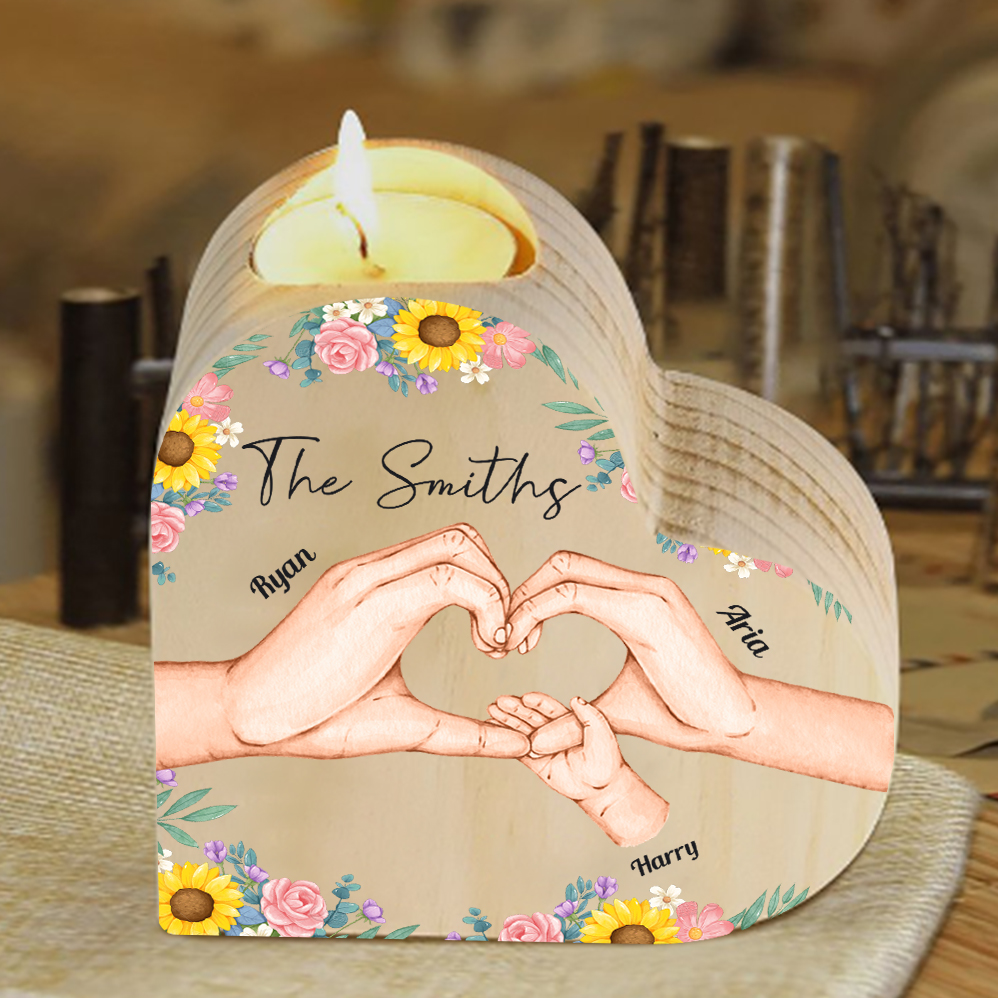 Nostra famiglia-Candeliere a forma di cuore mano e mano nel cuore 3 nomi e 1 testo personalizzati per famiglia