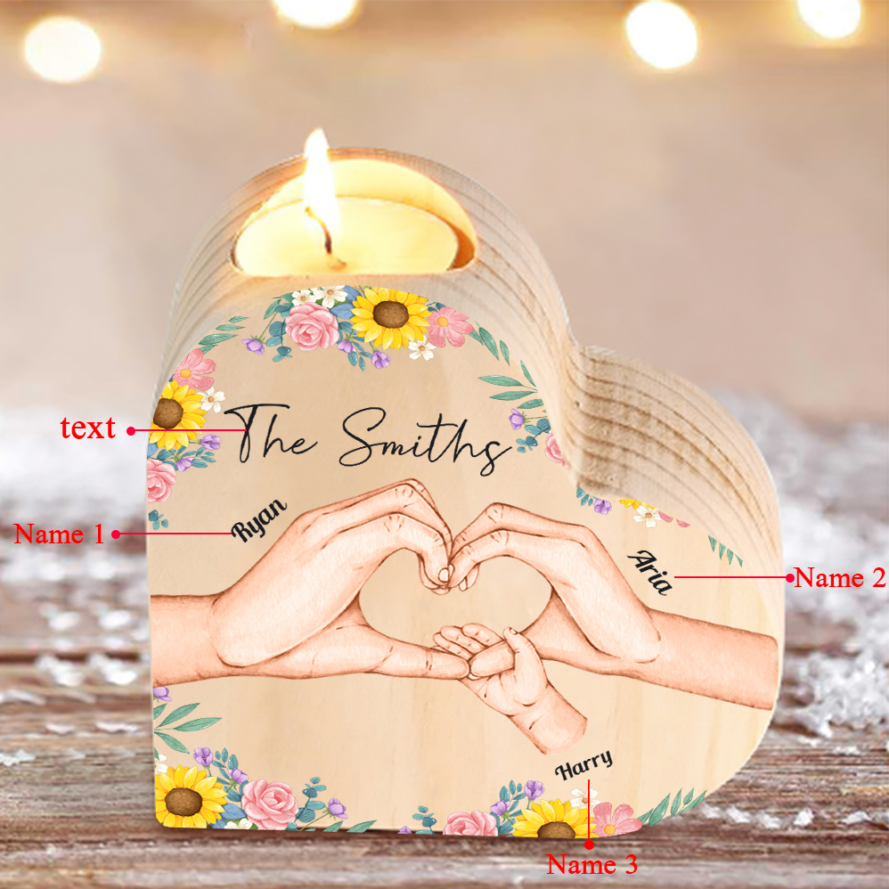 Nostra famiglia-Candeliere a forma di cuore mano e mano nel cuore 3 nomi e 1 testo personalizzati per famiglia