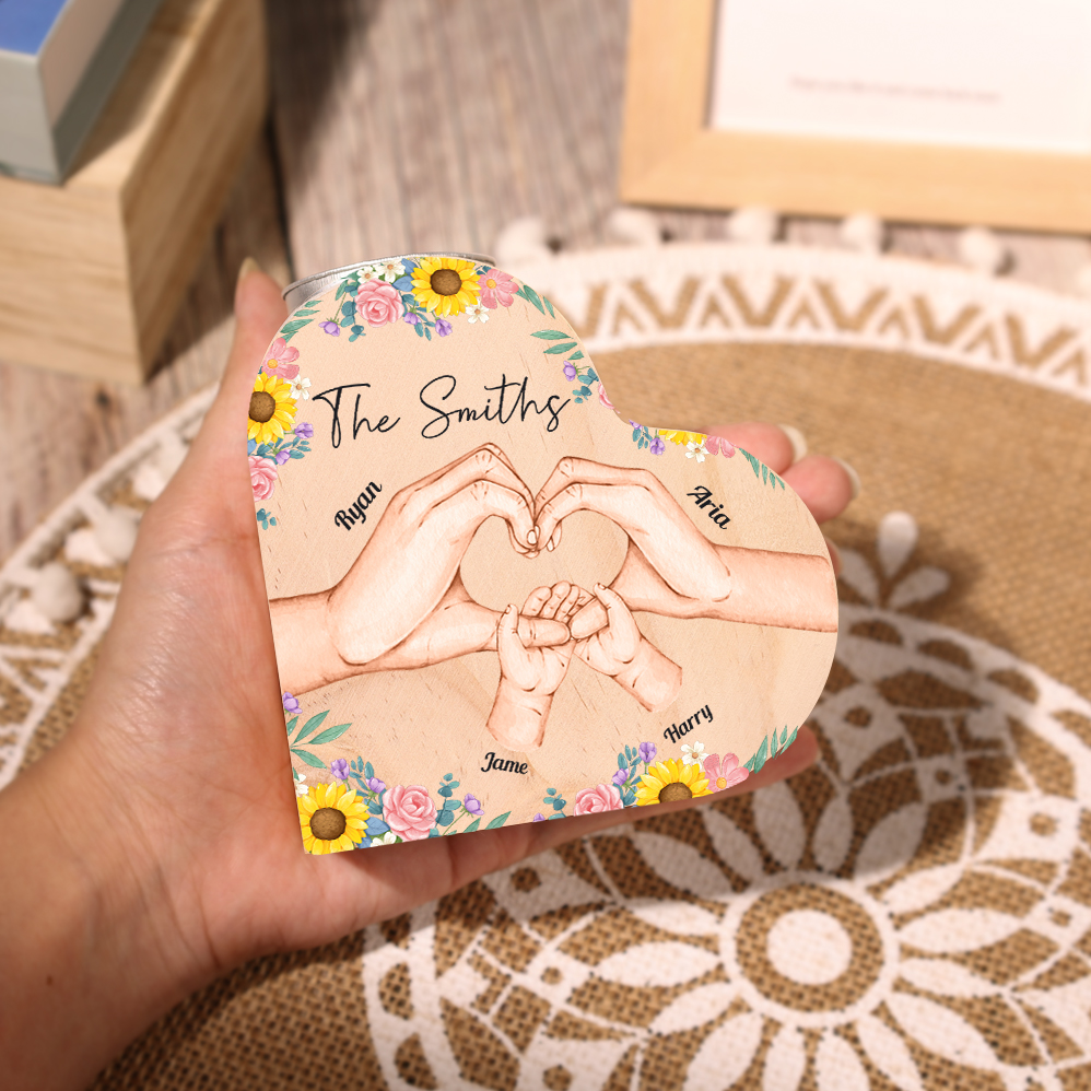 Nostra famiglia-Candeliere a forma di cuore mano e mano nel cuore 4 nomi e 1 testo personalizzati per famiglia