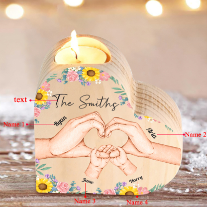 Nostra famiglia-Candeliere a forma di cuore mano e mano nel cuore 4 nomi e 1 testo personalizzati per famiglia