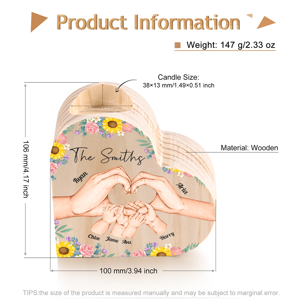 Nostra famiglia-Candeliere a forma di cuore mano e mano nel cuore 6 nomi e 1 testo personalizzati per famiglia