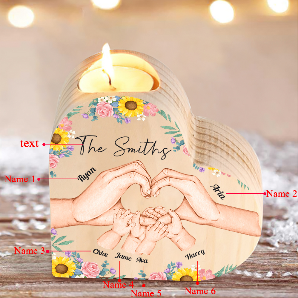 Nostra famiglia-Candeliere a forma di cuore mano e mano nel cuore 6 nomi e 1 testo personalizzati per famiglia