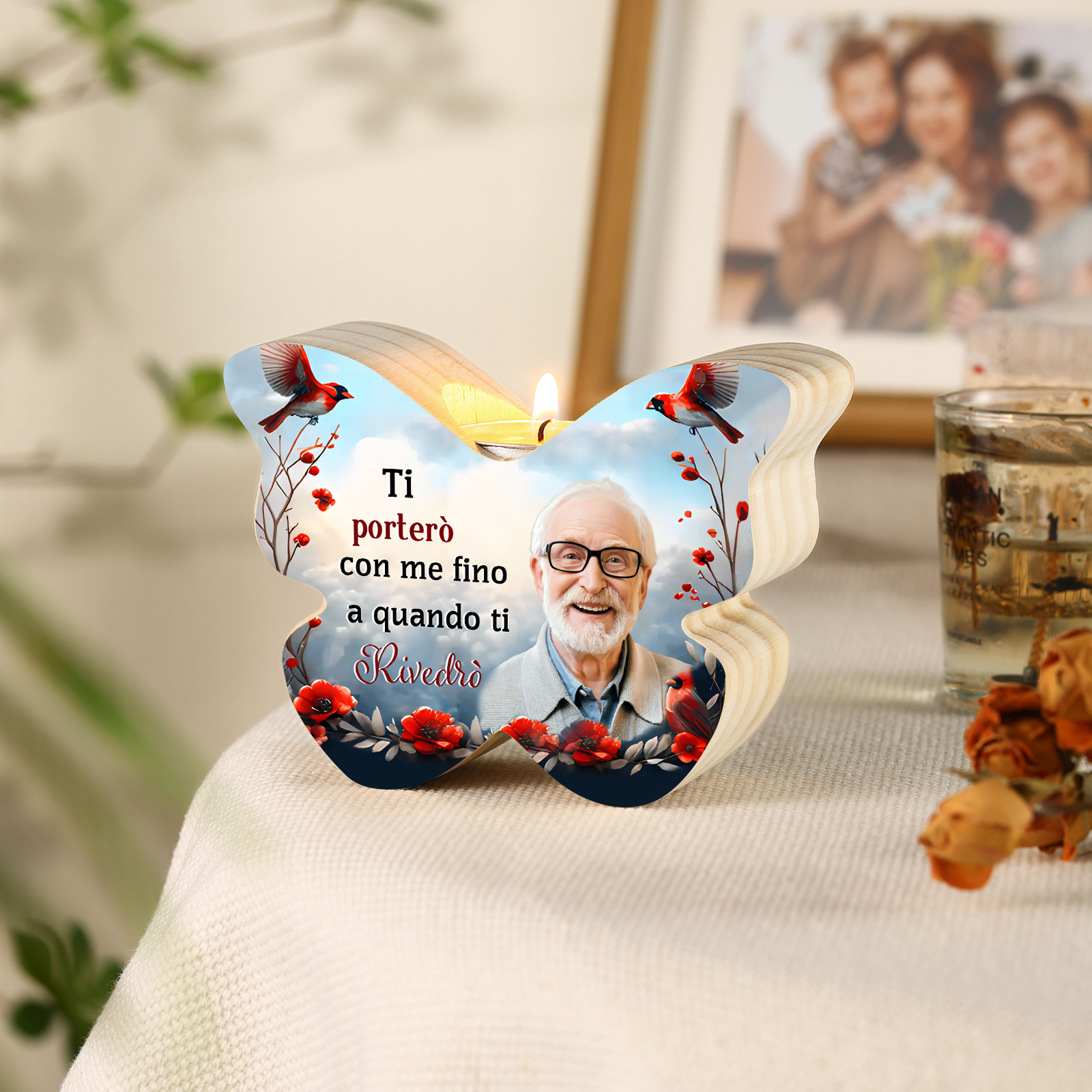 Portacandele Commemorativo in Legno a Forma di Farfalla Personalizzato