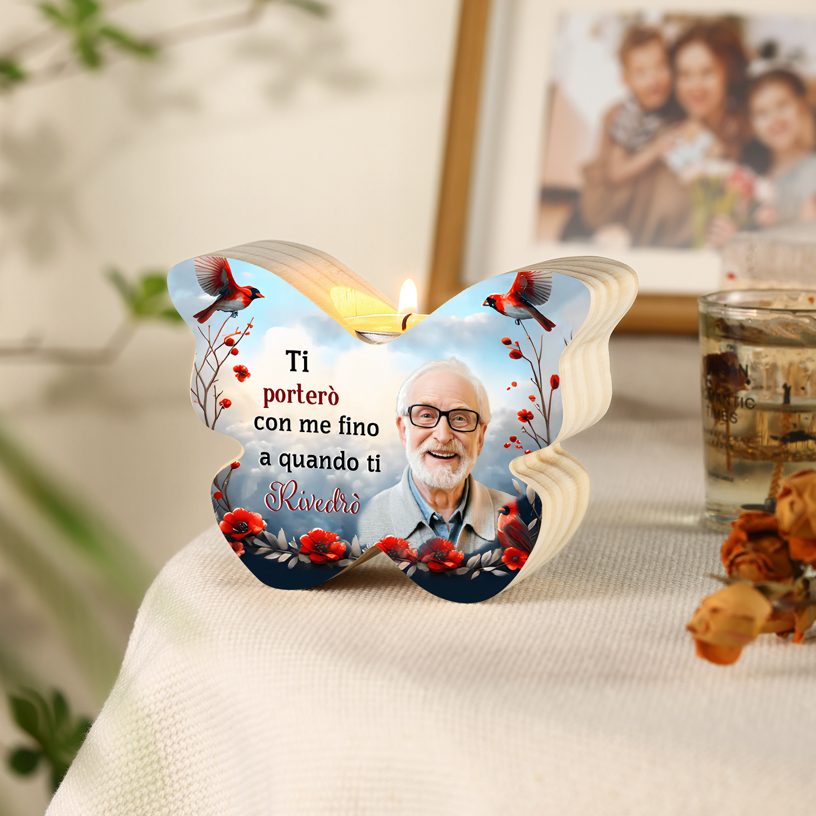 Portacandele Commemorativo in Legno a Forma di Farfalla Personalizzato