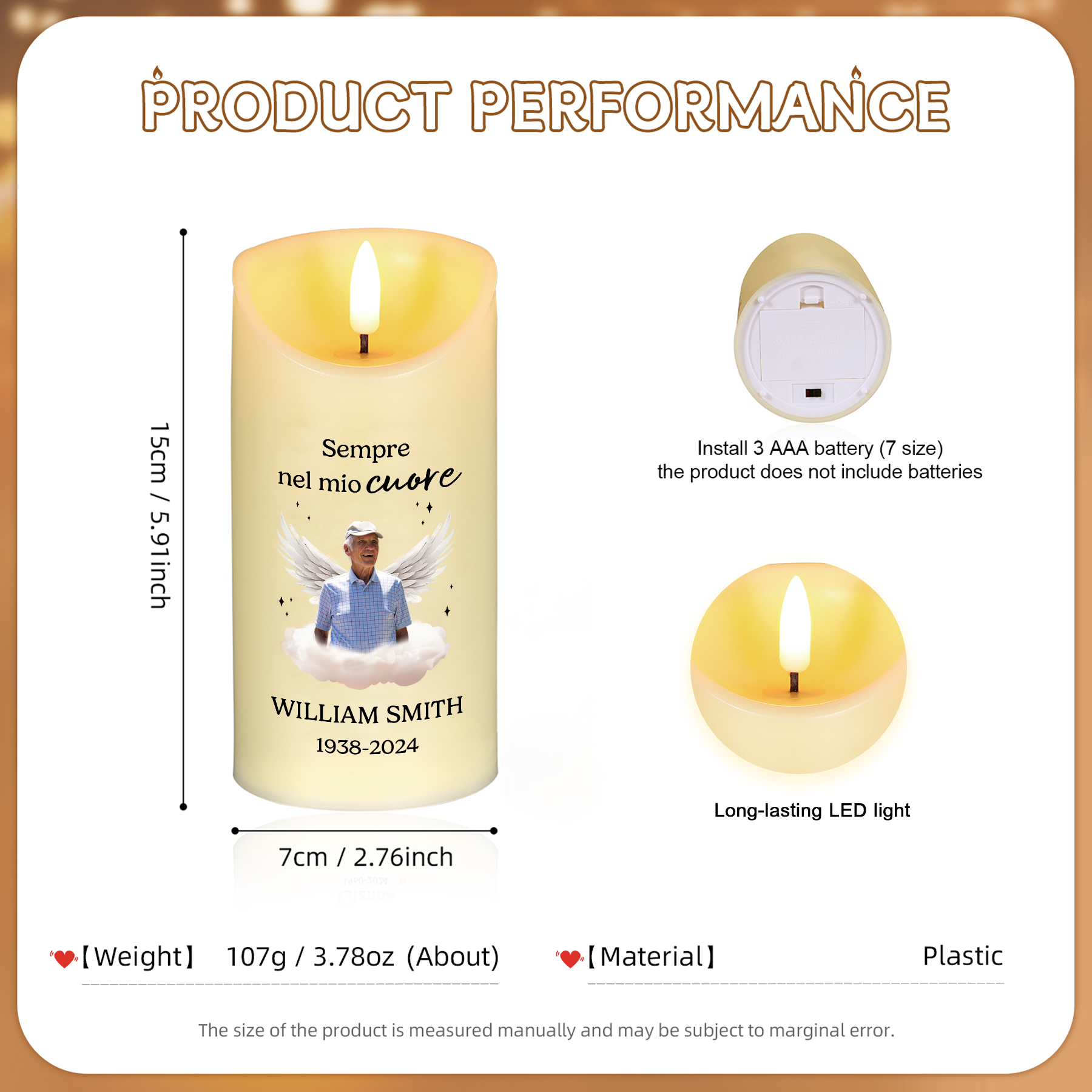 Candela Commemorativa LED Personalizzata con Foto, Nome e Data – Regalo Speciale per la Famiglia | Jessemade