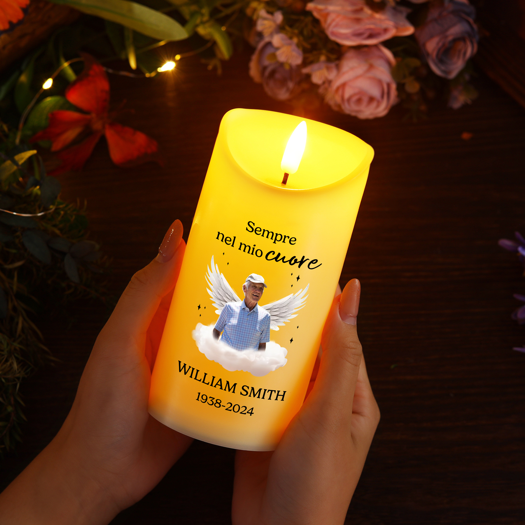 Candela Commemorativa LED Personalizzata con Foto, Nome e Data – Regalo Speciale per la Famiglia | Jessemade