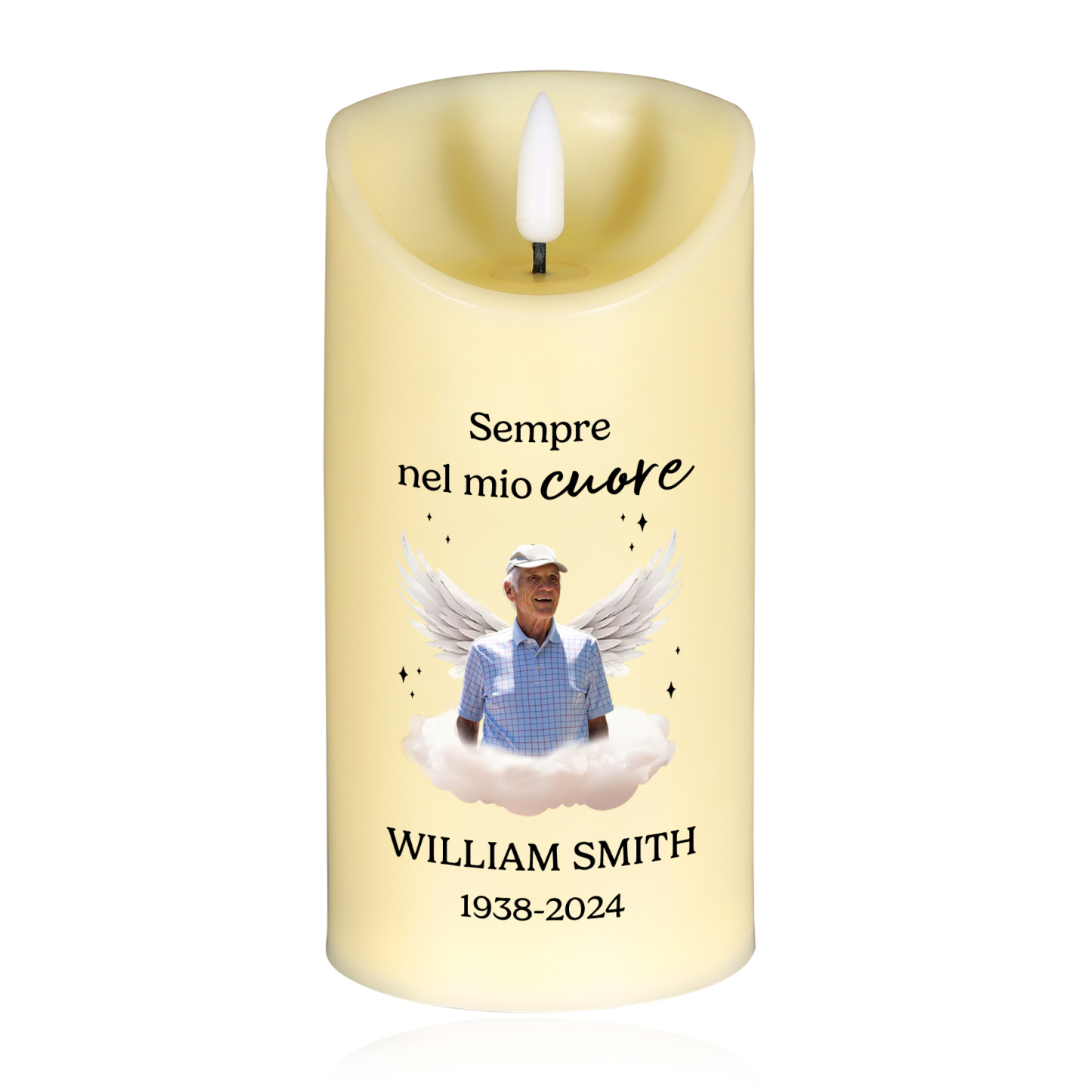 Candela Commemorativa LED Personalizzata con Foto, Nome e Data – Regalo Speciale per la Famiglia | Jessemade