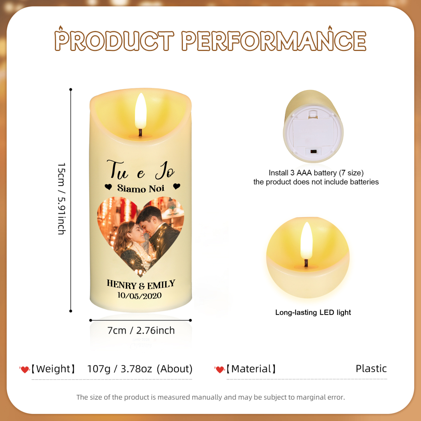 Candela LED Personalizzata in Plastica con 1 Foto, 2 Nomi e 1 Data - "Tu e Io. Siamo Noi" - Regalo di Natale per Lui/Lei | Jessemade