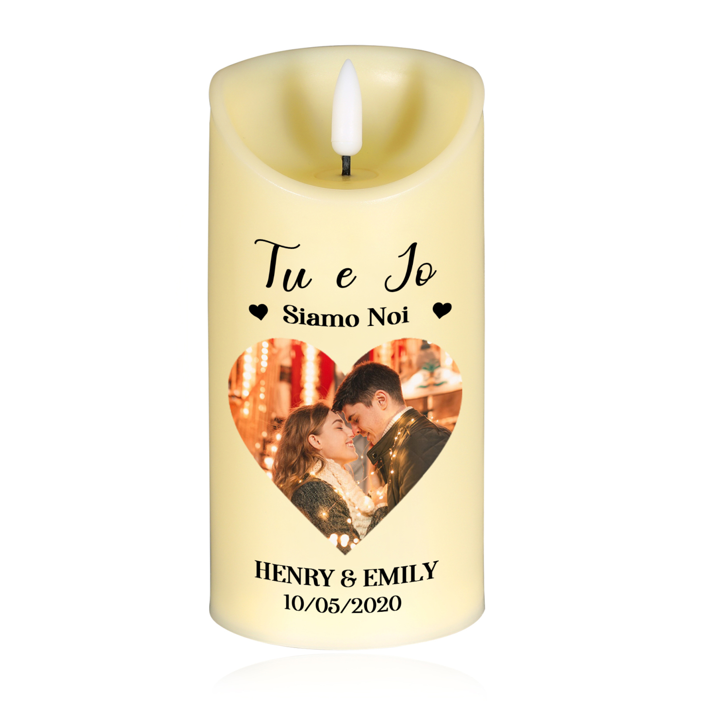 Candela LED Personalizzata in Plastica con 1 Foto, 2 Nomi e 1 Data - "Tu e Io. Siamo Noi" - Regalo di Natale per Lui/Lei | Jessemade