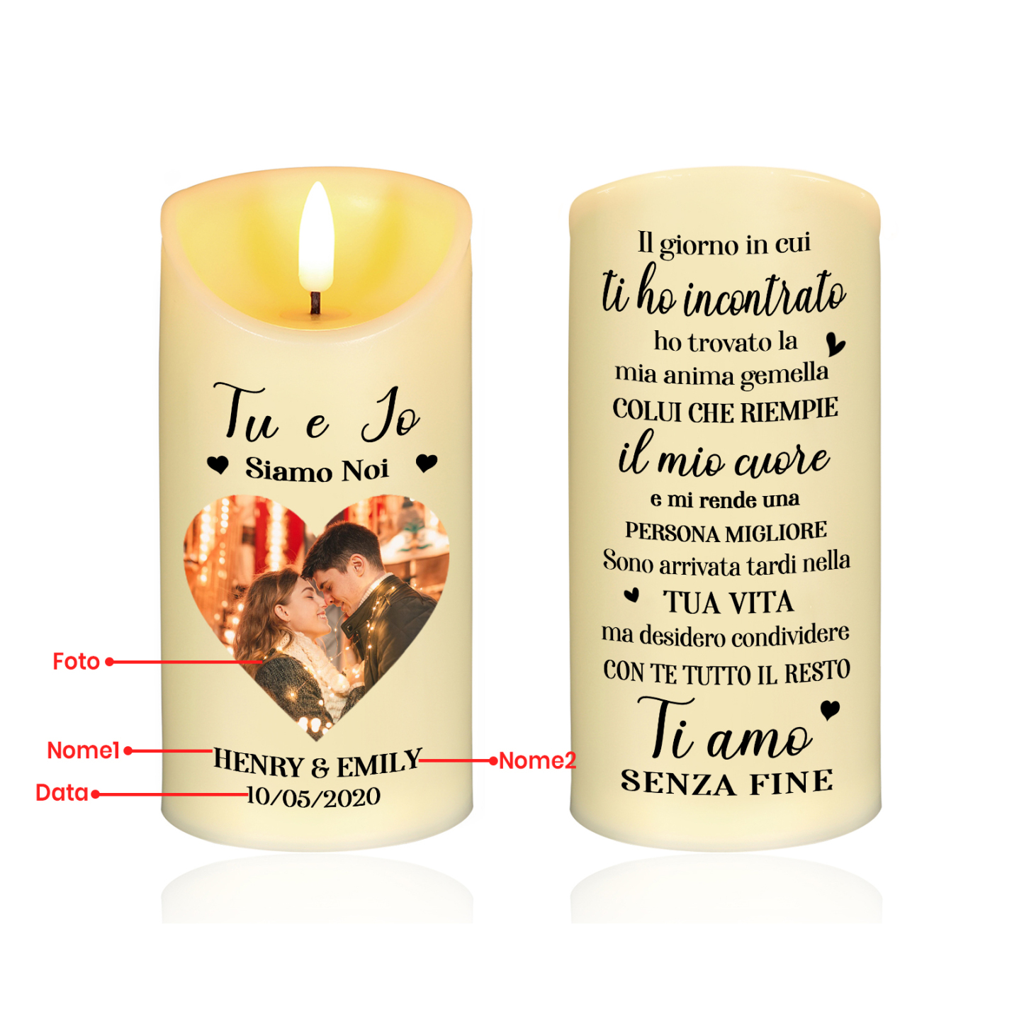 Candela LED Personalizzata in Plastica con 1 Foto, 2 Nomi e 1 Data - "Tu e Io. Siamo Noi" - Regalo di Natale per Lui/Lei | Jessemade