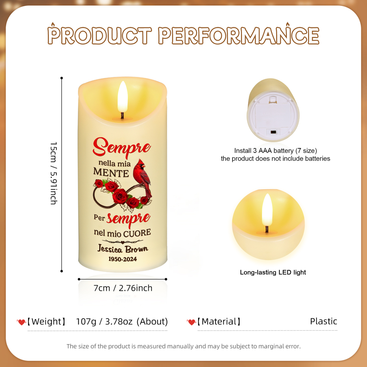 Candela LED Commemorativa Personalizzata con Nome e Date – Ricordo Speciale e Significativo | Jessemade